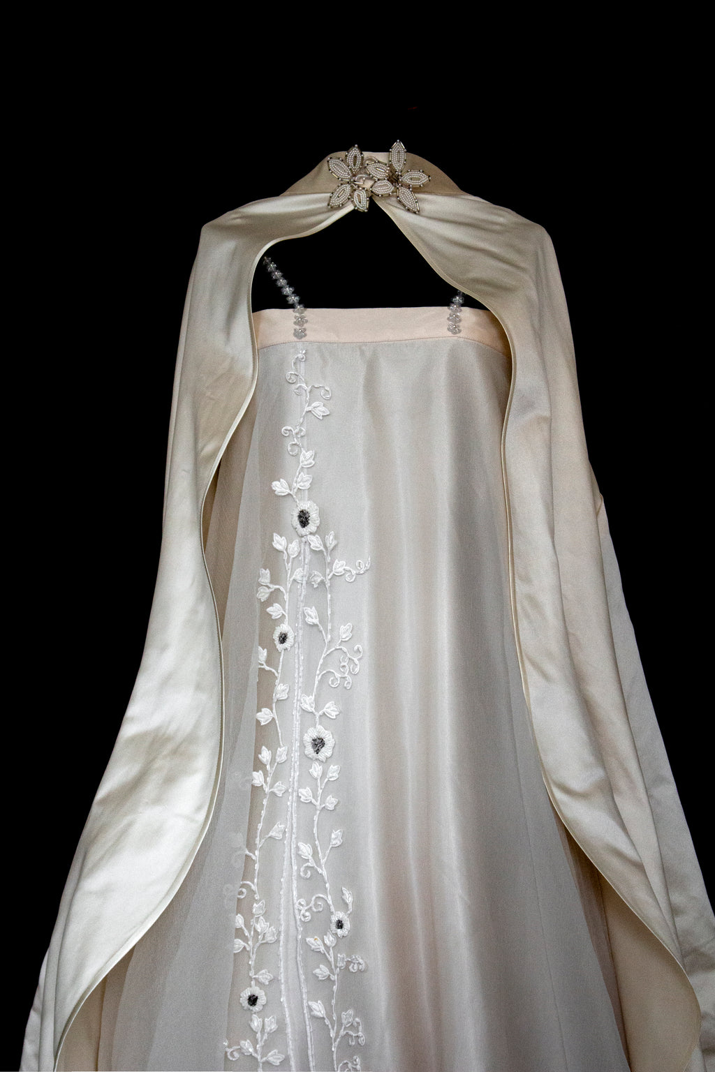 347 - UNIQUE UPCYCLED SILK SATIN WEDDING DRESS: POWDER PINK SLIP GOWN & IVORY CAPE ENSEMBLE, SILVER FLORAL EMBROIDERY, BOHO LUXURY