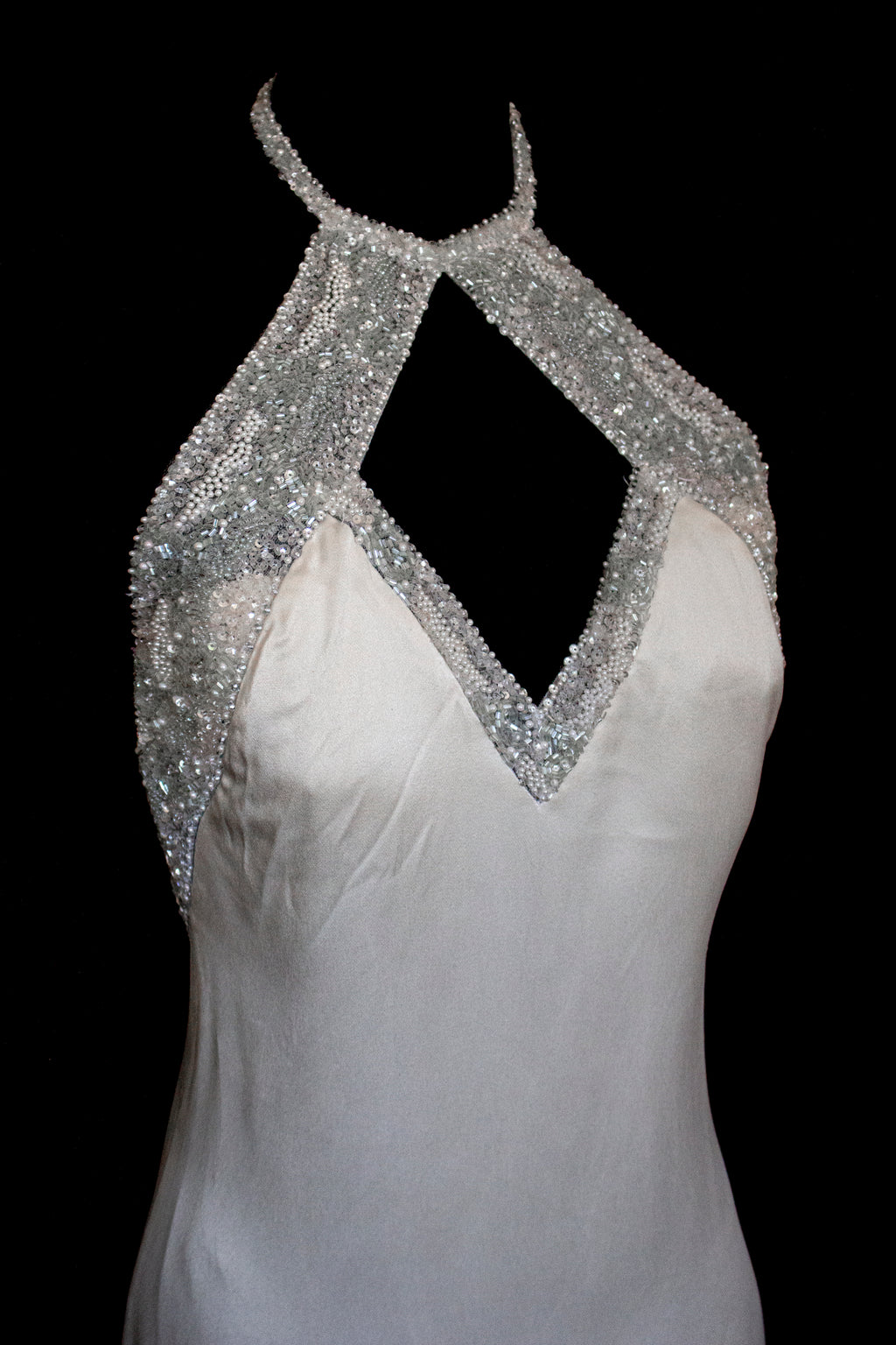 291 - OLD HOLLYWOOD VINTAGE MERMAID BRIDAL GOWN: BACKLESS SILK SATIN & ART DECO SILVER BEADING
