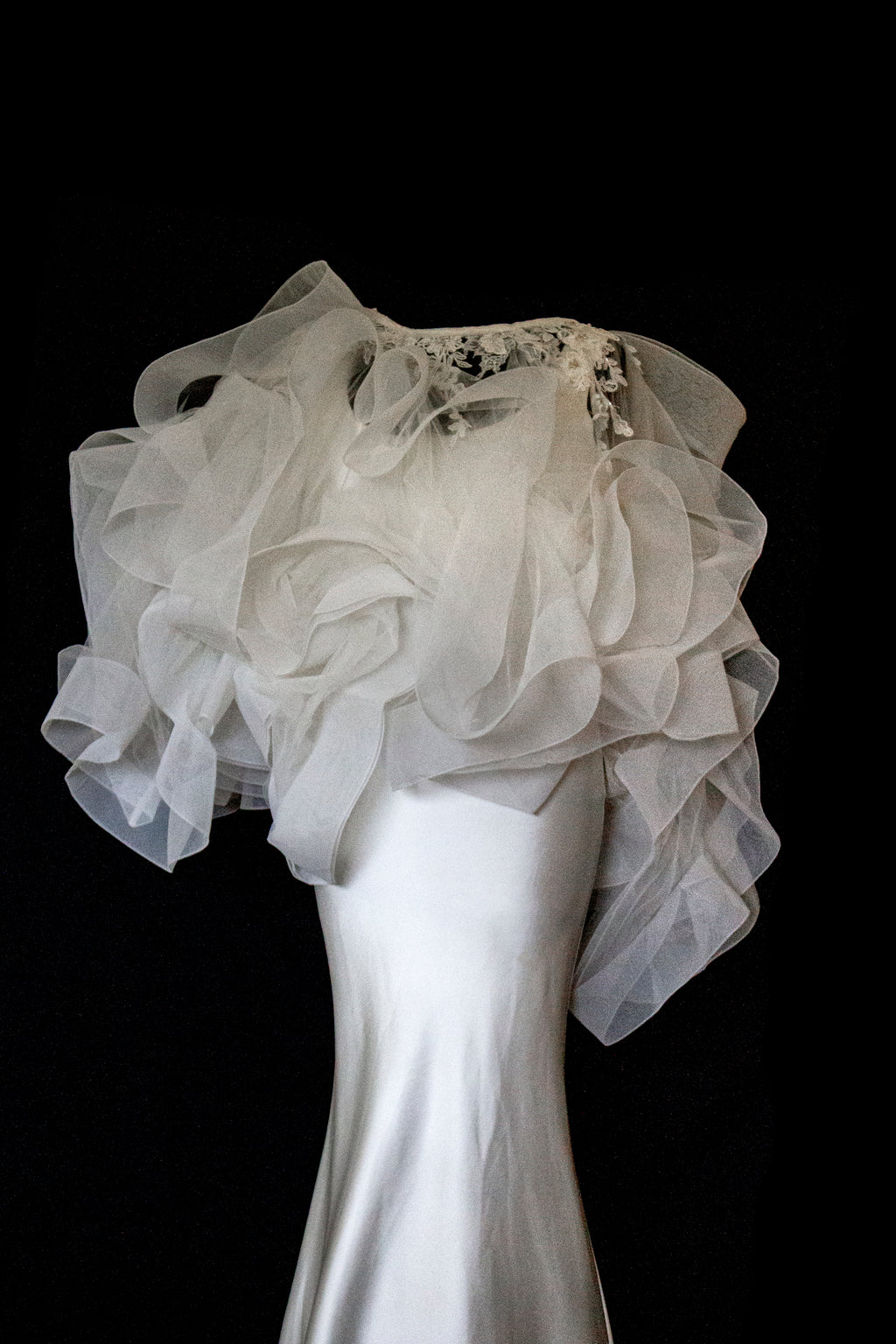360 - VINTAGE SLIP STYLE WEDDING DRESS: CREAM FLUID SATIN GOWN WITH EMBROIDERED TULLE CAPE
