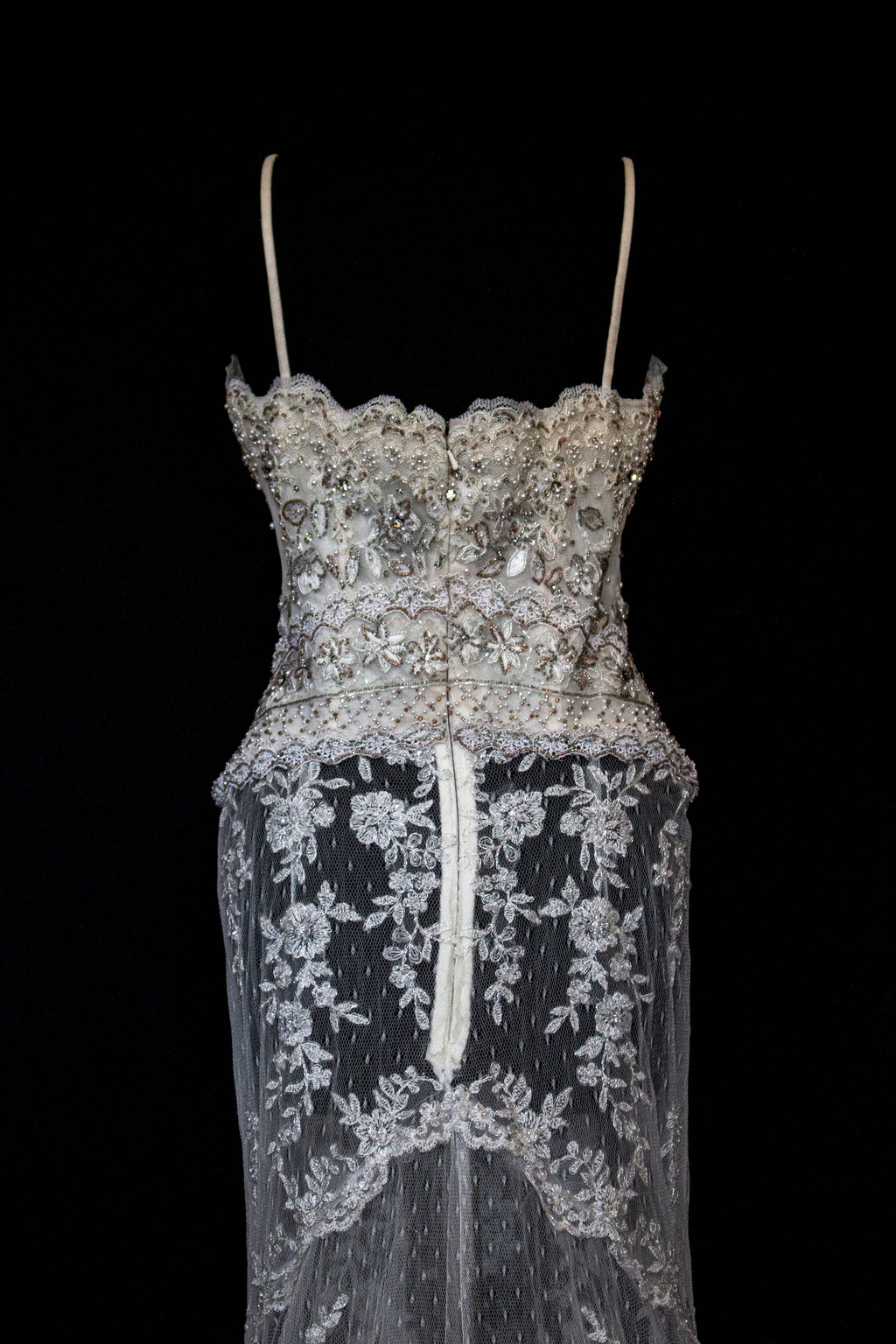 239 - VINTAGE OFF-WHITE MERMAID SWAROVSKI WEDDING DRESS: GOWN WITH NUDE POLKA DOT TULLE & SILVER FLORAL EMBROIDERY