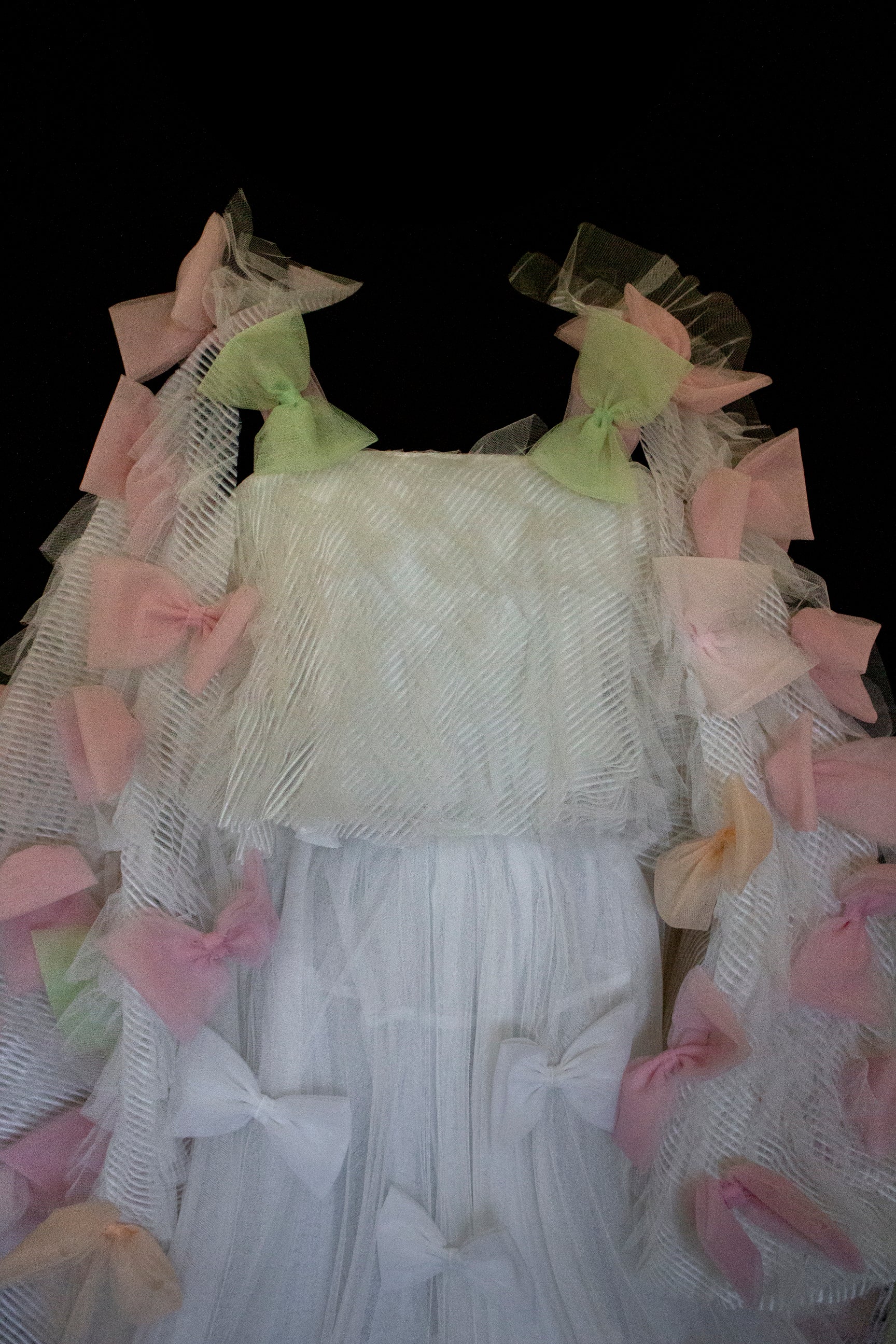 363 - VINTAGE 90s UPCYCLED TULLE 3-PIECE WEDDING DRESS: EMBROIDERED GOWN WITH HANDMADE BOWS AND CAPE
