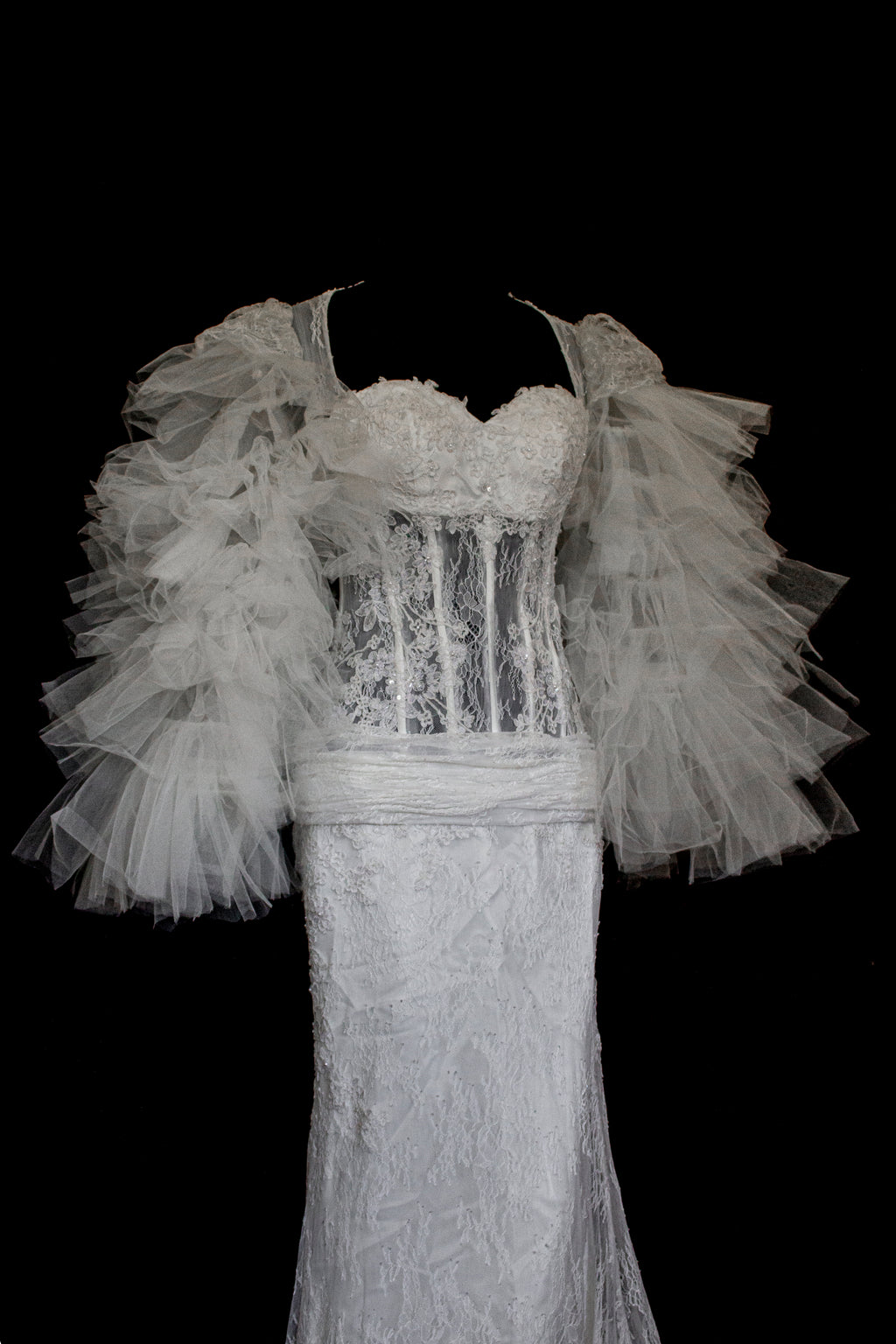 281 - SENSUAL BACKLESS BRIDAL GOWN: NUDE EFFECT EMBROIDERY & VAPOROUS TULLE RUFFLE SLEEVES