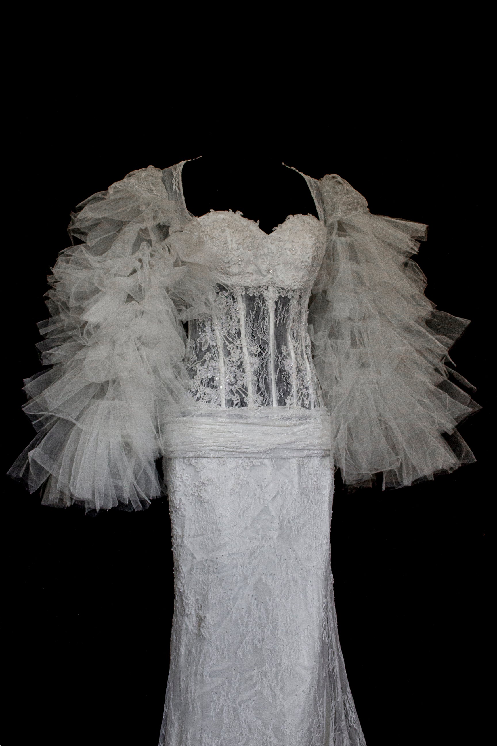 281 - SENSUAL BACKLESS BRIDAL GOWN: NUDE EFFECT EMBROIDERY & VAPOROUS TULLE RUFFLE SLEEVES