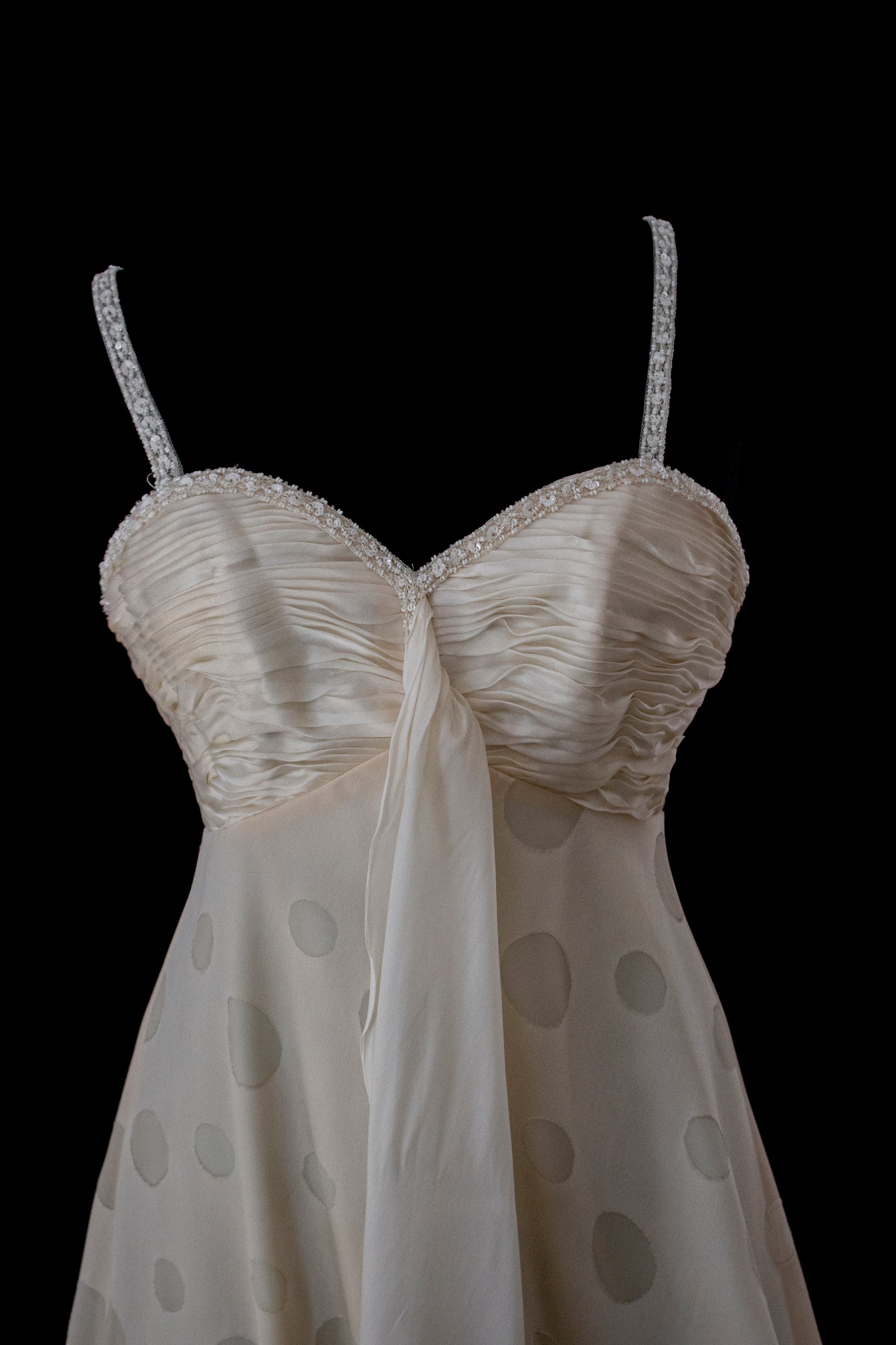338 - IVORY CHAMPAGNE SILK ORGANZA WEDDING DRESS: POLKA / POIS DOT EMPIRE GOWN WITH BEADED STRAPS & FULL CIRCLE TRAIN