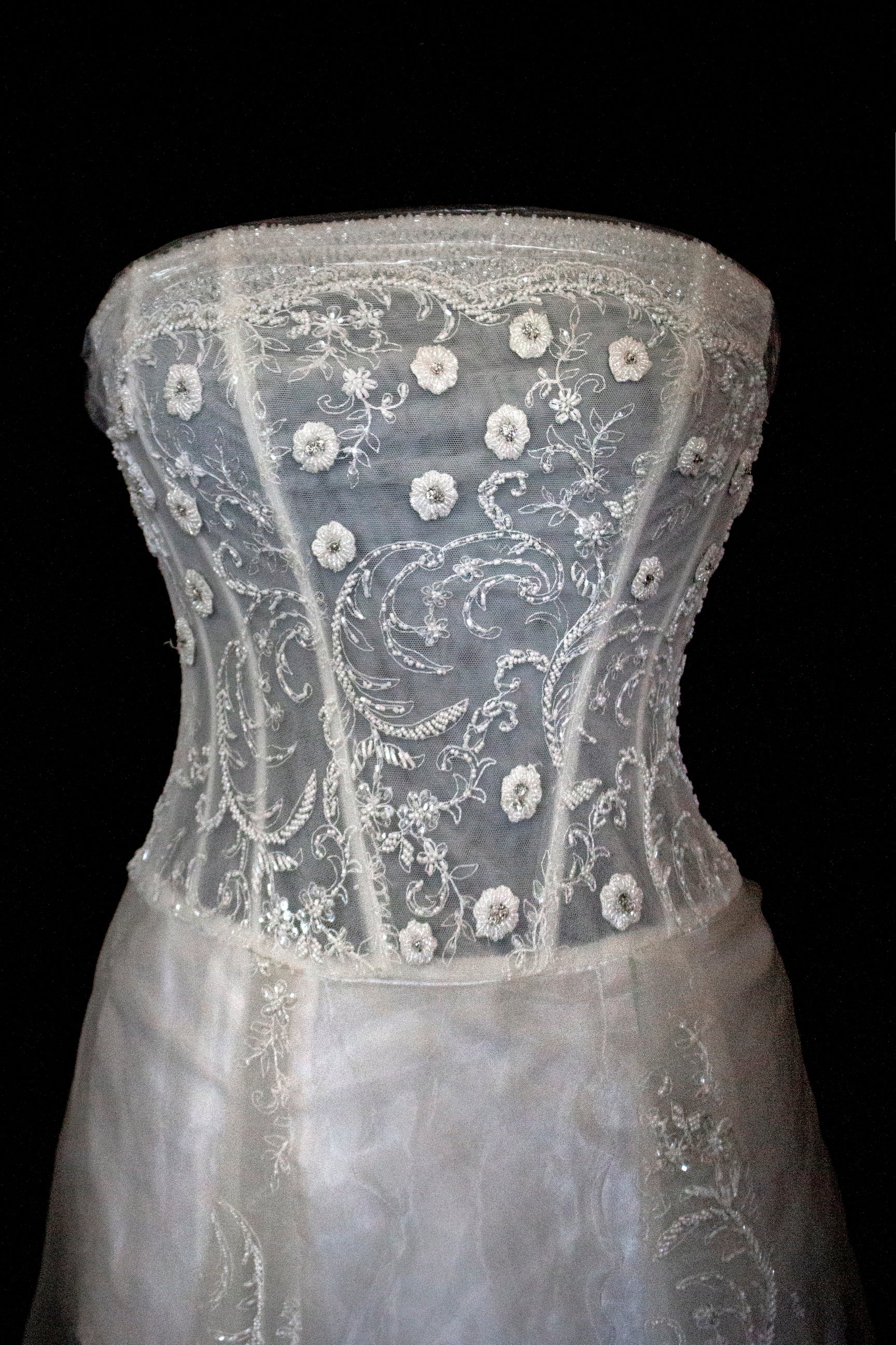 365 - VINTAGE 90s UPCYCLED EMBROIDERED WEDDING DRESS: STRAPLESS WRAP GOWN WITH IRIDESCENT DRAMA CAPE