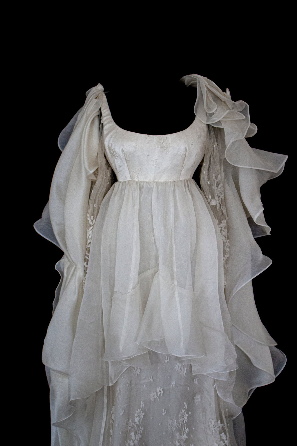 340 - OFF-WHITE SILK ORGANZA & ECRU LACE UPCYCLED WEDDING DRESS: UNIQUE EMPIRE GOWN WITH PLEATED WINGS