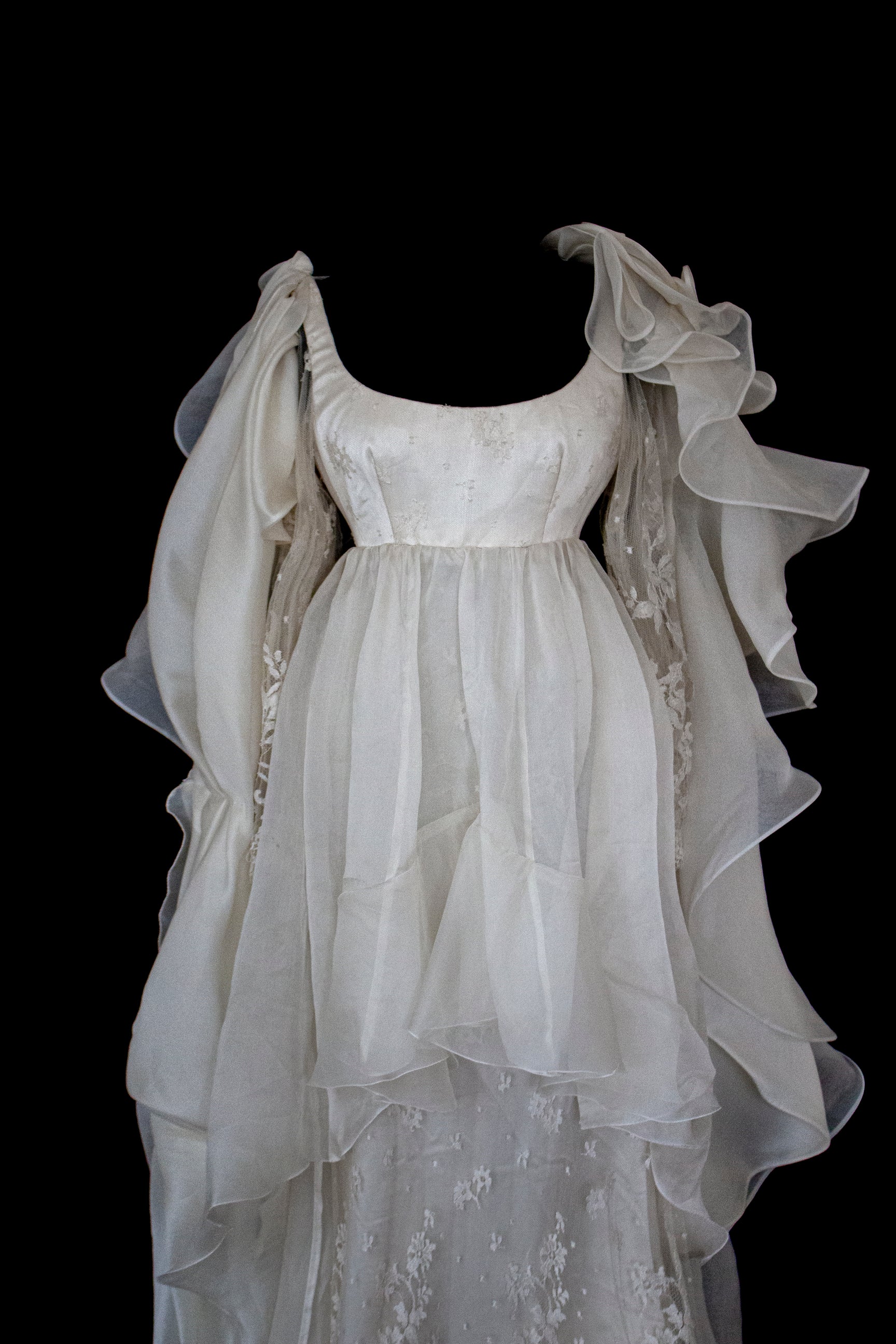 340 - OFF-WHITE SILK ORGANZA & ECRU LACE UPCYCLED WEDDING DRESS: UNIQUE EMPIRE GOWN WITH PLEATED WINGS