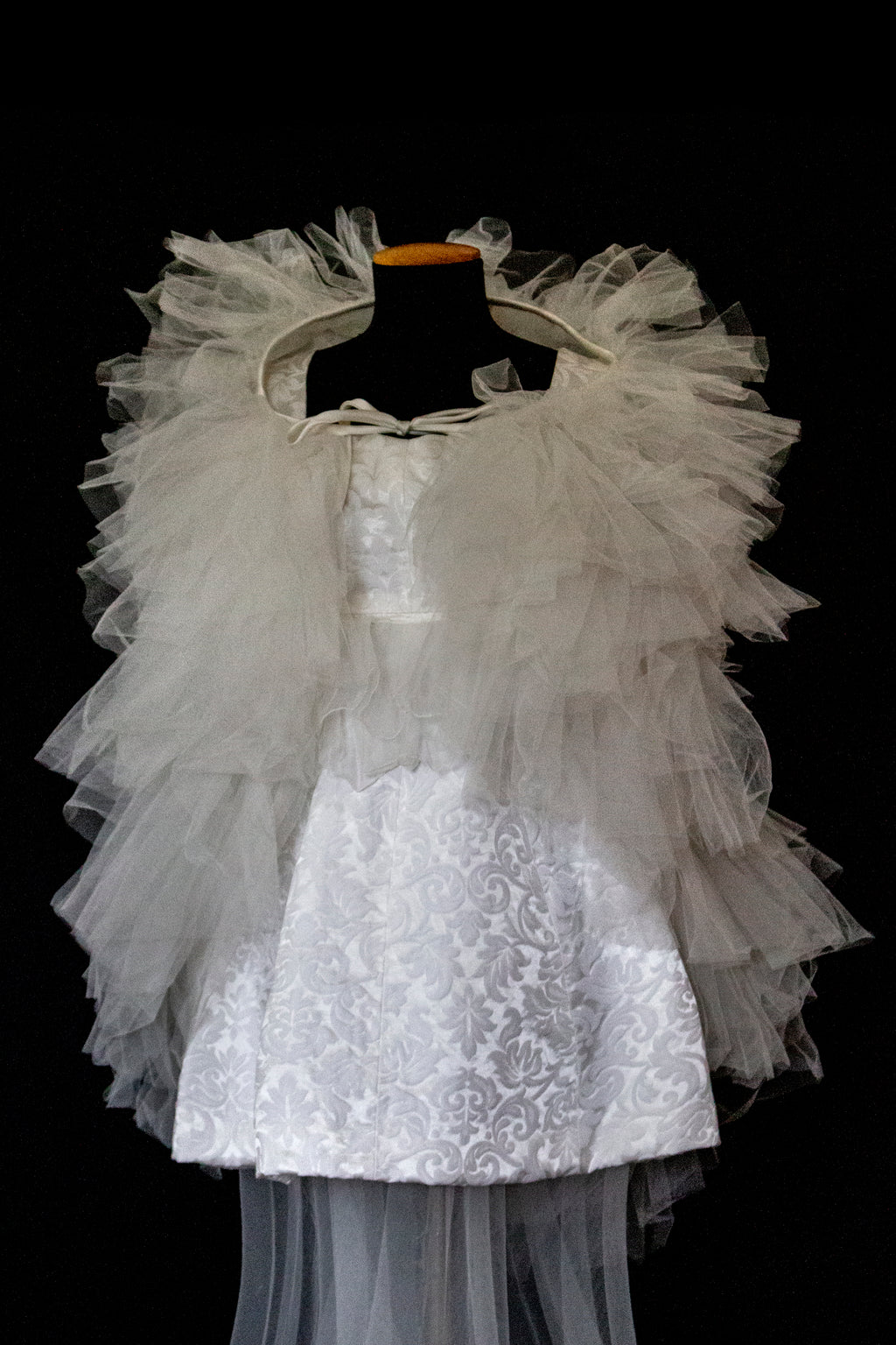 Vintage 90s Mini Wedding Dress | Damask Bridal Dress with Cape & Bow - 368