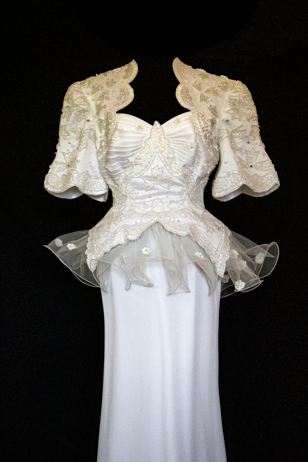 Vintage 80s Sheath Wedding Dress | Hand Embroidered Bridal Gown with Slit - 366