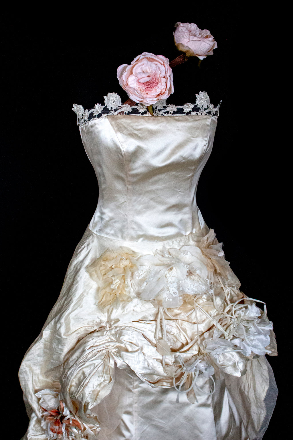 348 - UNIQUE UPCYCLED SILK MERMAID WEDDING DRESS: 90S CREAM TAFFETA GOWN WITH PINK PEONIES, EMBOSSED FLORAL DETAILS & BOHO ROMANTIC STYLE