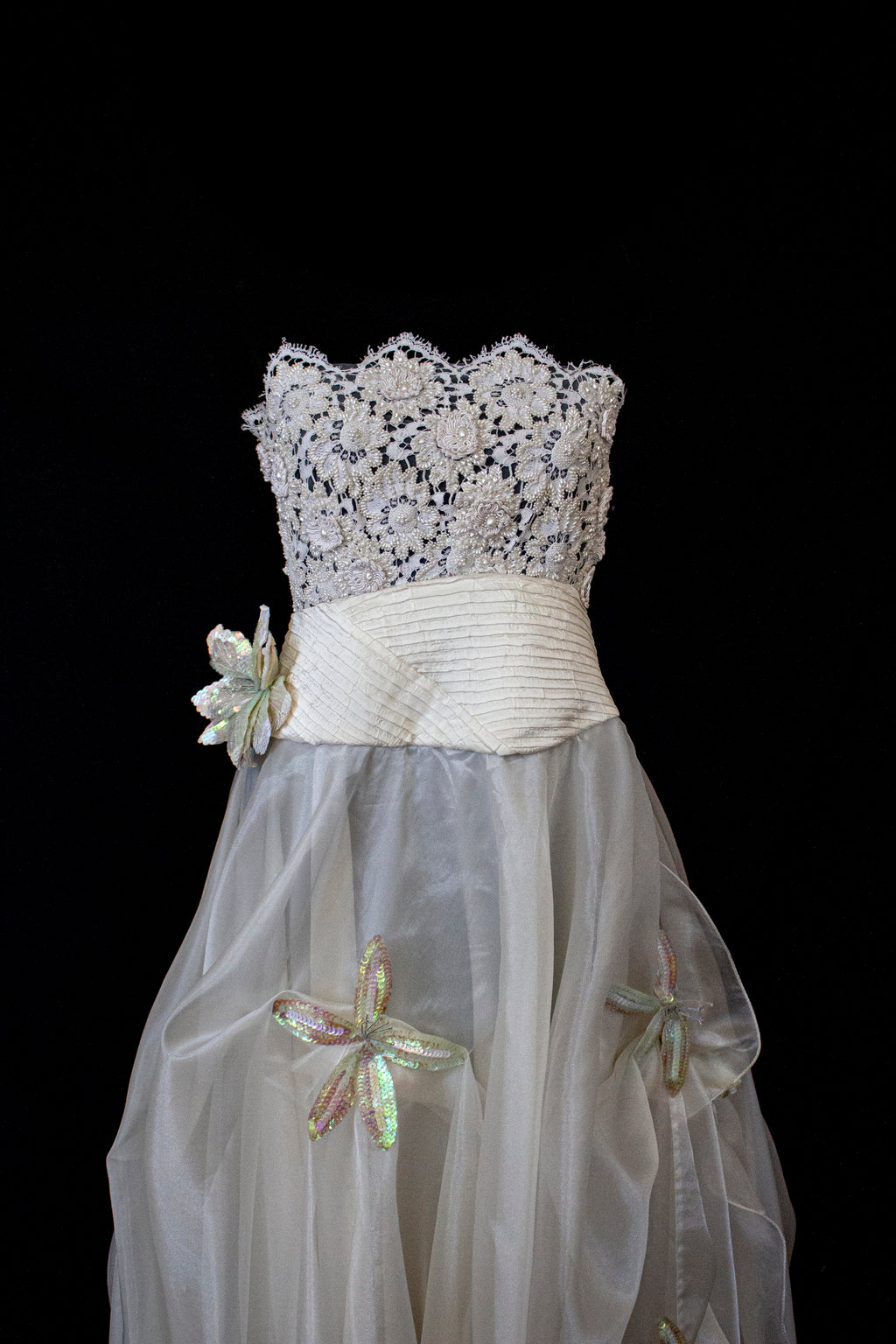 352 - UNIQUE 80S VINTAGE UPCYCLED WEDDING DRESS: EMPIRE WAIST SILK BRIDAL GOWN WITH IRIDESCENT ORGANZA & SEQUIN MAXI FLOWERS - Vague atelier