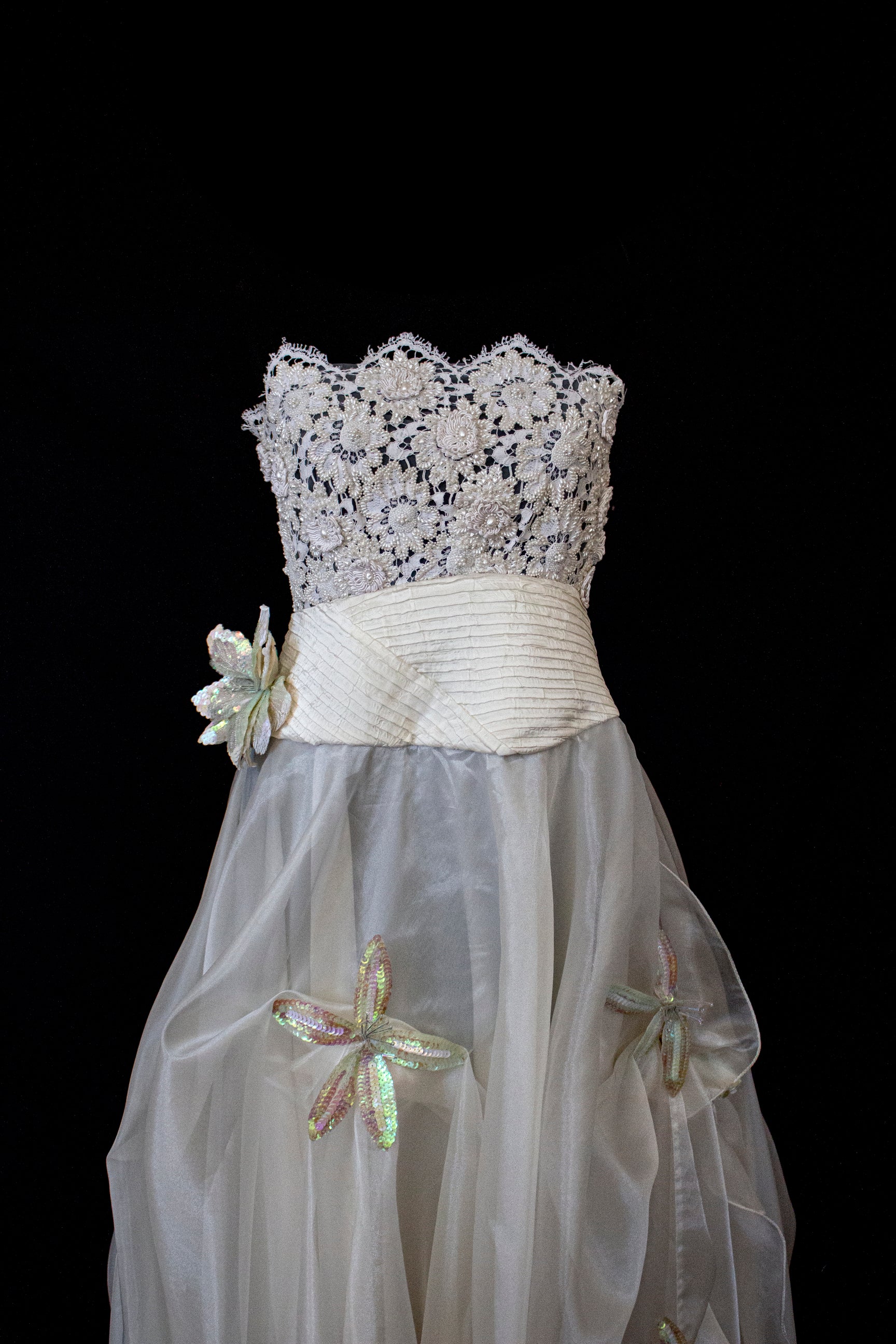352 - UNIQUE 80S VINTAGE UPCYCLED WEDDING DRESS: EMPIRE WAIST SILK BRIDAL GOWN WITH IRIDESCENT ORGANZA & SEQUIN MAXI FLOWERS - Vague atelier