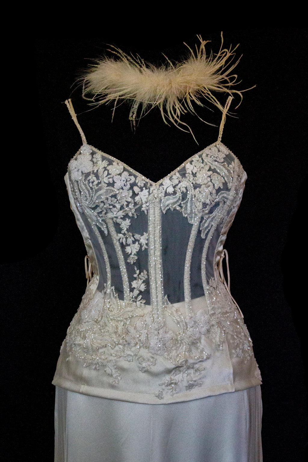 362 - VINTAGE 90s SILK BRIDAL TWO PIECE SET: EMBROIDERED BUSTIER AND FLUID CREAM SKIRT
