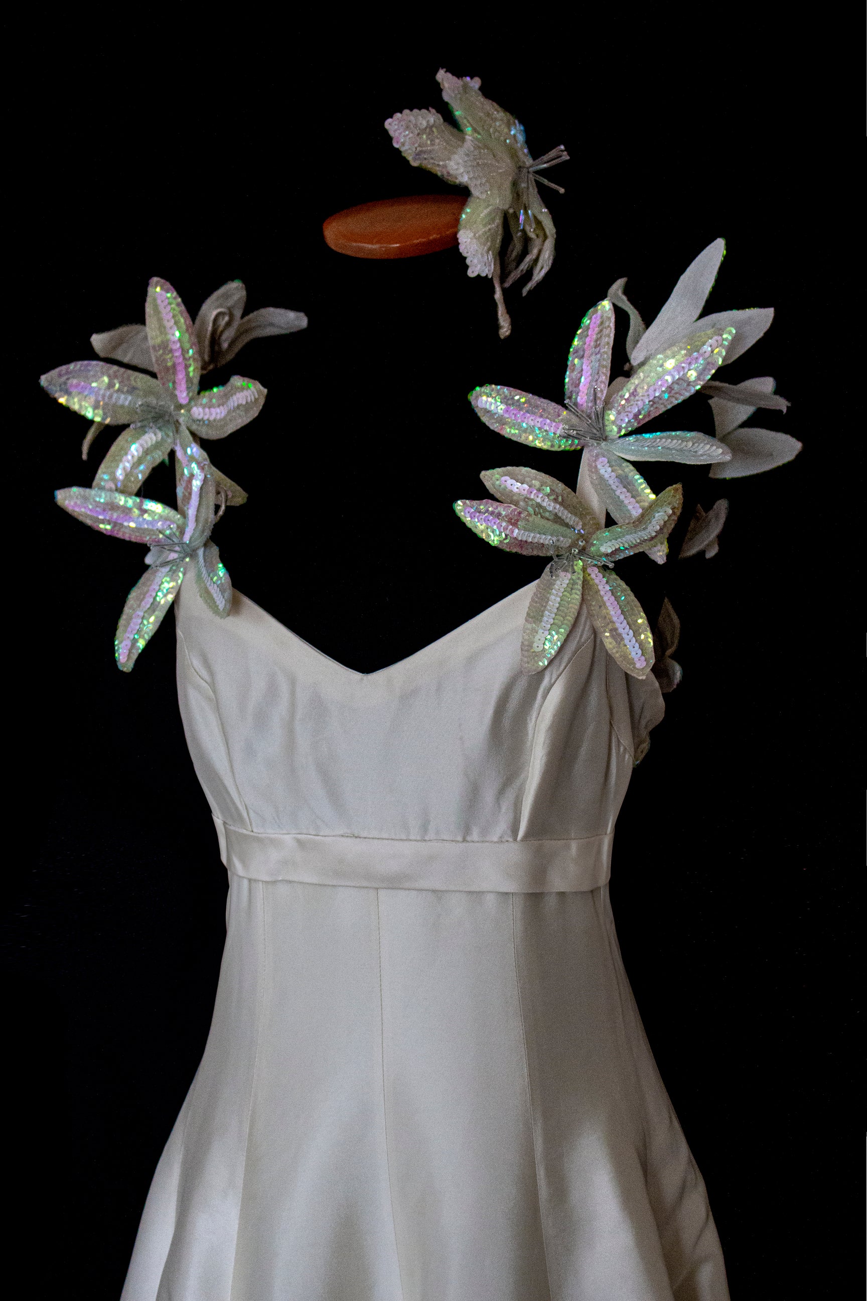 262 - RARE VINTAGE CHAMPAGNE BRIDAL GOWN: SILK MIKADO WITH AUTHENTIC 80S SEQUIN MAXI FLOWERS