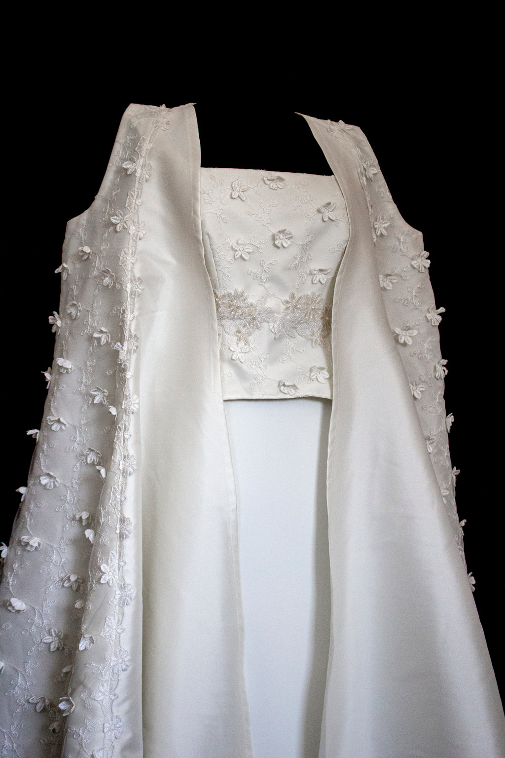 293 - UNIQUE UPCYCLED 3-PIECE BRIDAL SET: 3D FLORAL TOP, MIKADO SKIRT & BRIDAL VEST