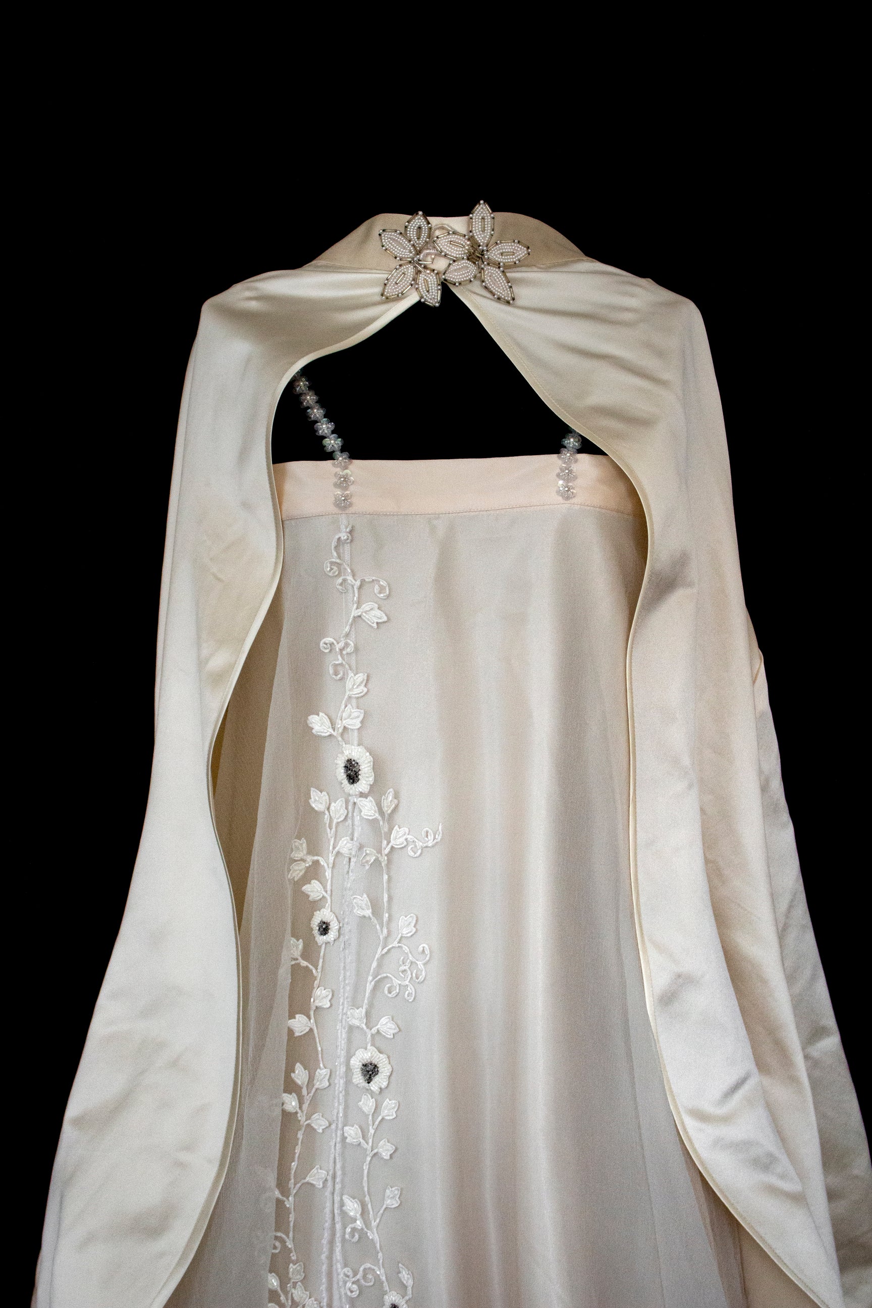 347 - UNIQUE UPCYCLED SILK SATIN WEDDING DRESS: POWDER PINK SLIP GOWN & IVORY CAPE ENSEMBLE, SILVER FLORAL EMBROIDERY, BOHO LUXURY