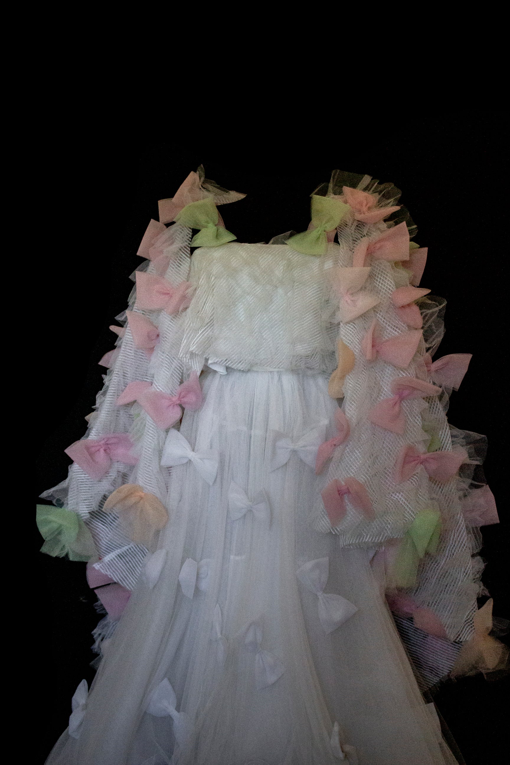 363 - VINTAGE 90s UPCYCLED TULLE 3-PIECE WEDDING DRESS: EMBROIDERED GOWN WITH HANDMADE BOWS AND CAPE