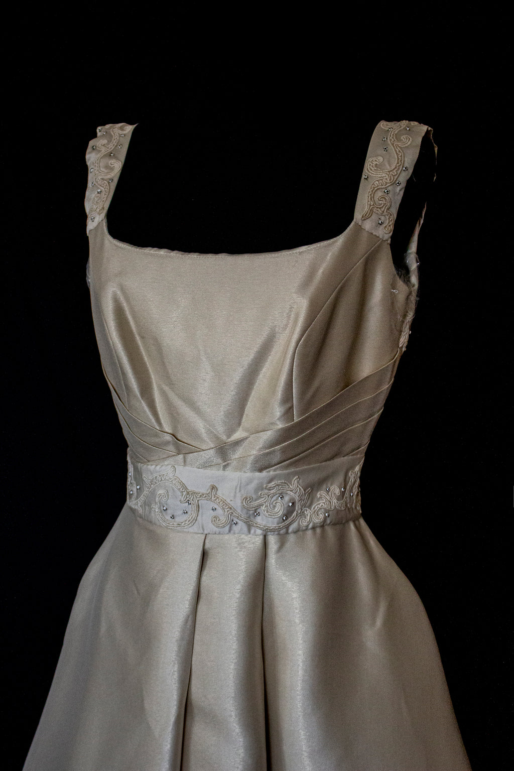 307 - REGAL BRONZE SILK MIKADO WEDDING DRESS: A-LINE GOWN WITH ANTIQUE 1960S EMBROIDERY