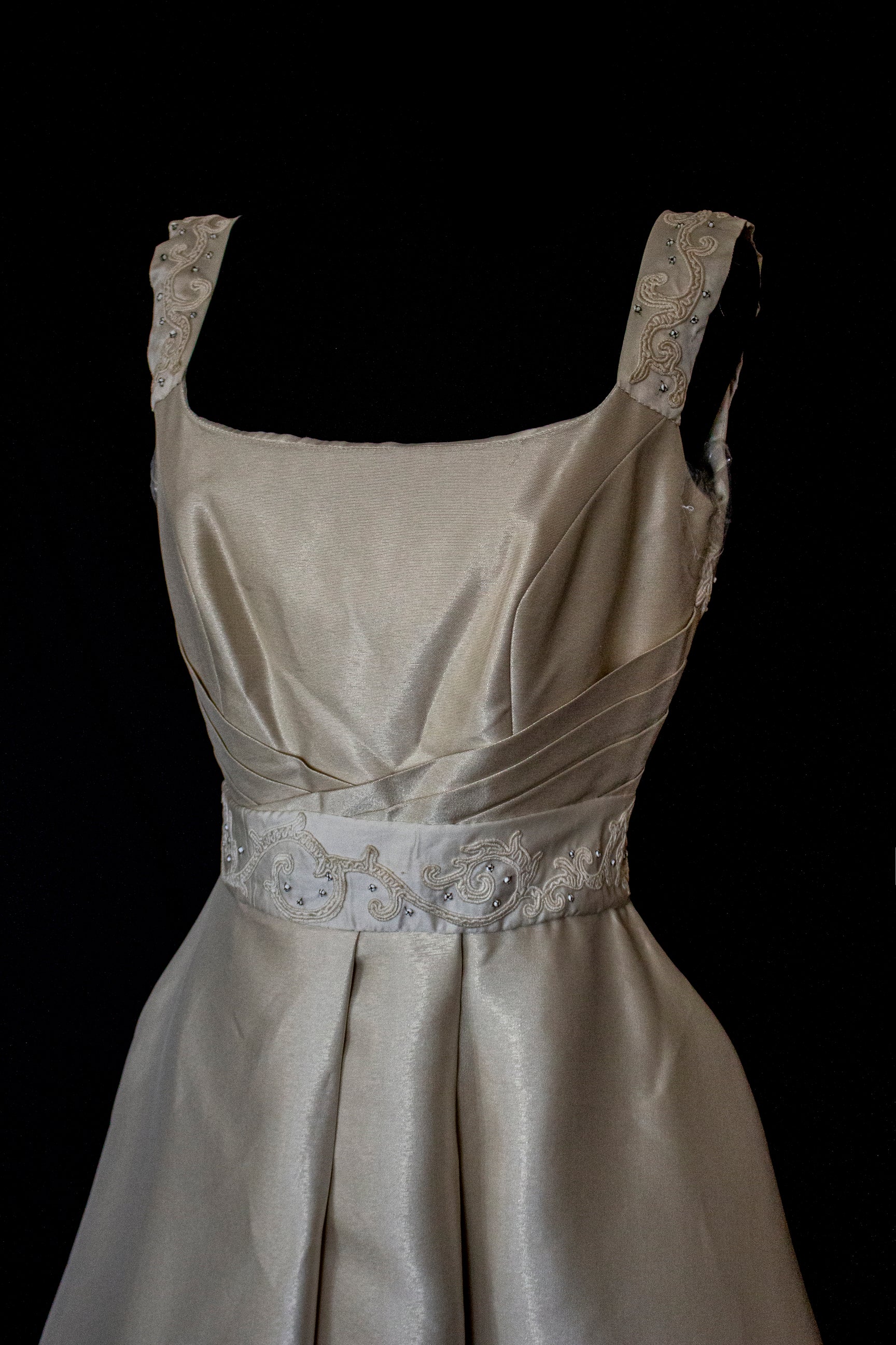 307 - REGAL BRONZE SILK MIKADO WEDDING DRESS: A-LINE GOWN WITH ANTIQUE 1960S EMBROIDERY