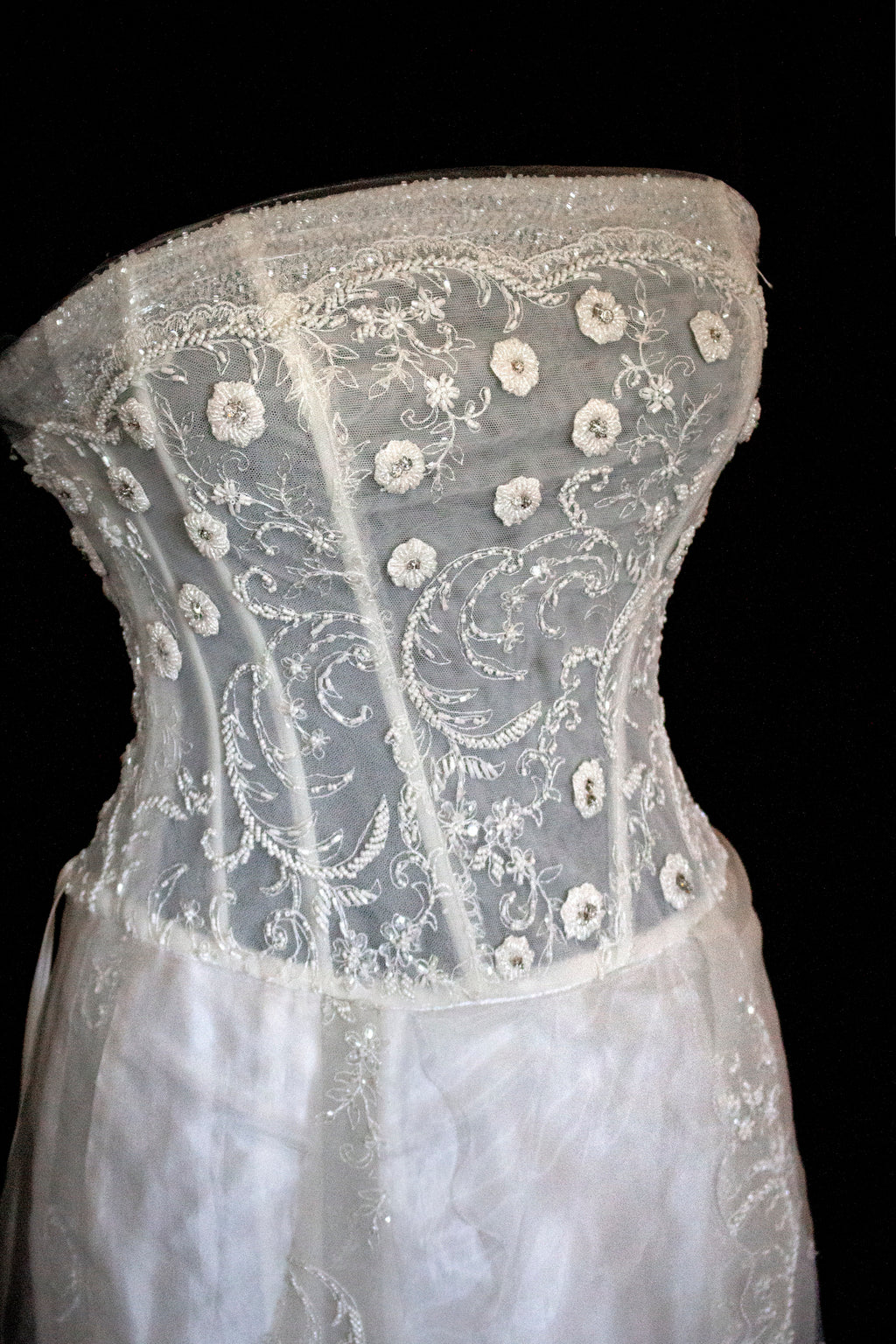 365 - VINTAGE 90s UPCYCLED EMBROIDERED WEDDING DRESS: STRAPLESS WRAP GOWN WITH IRIDESCENT DRAMA CAPE