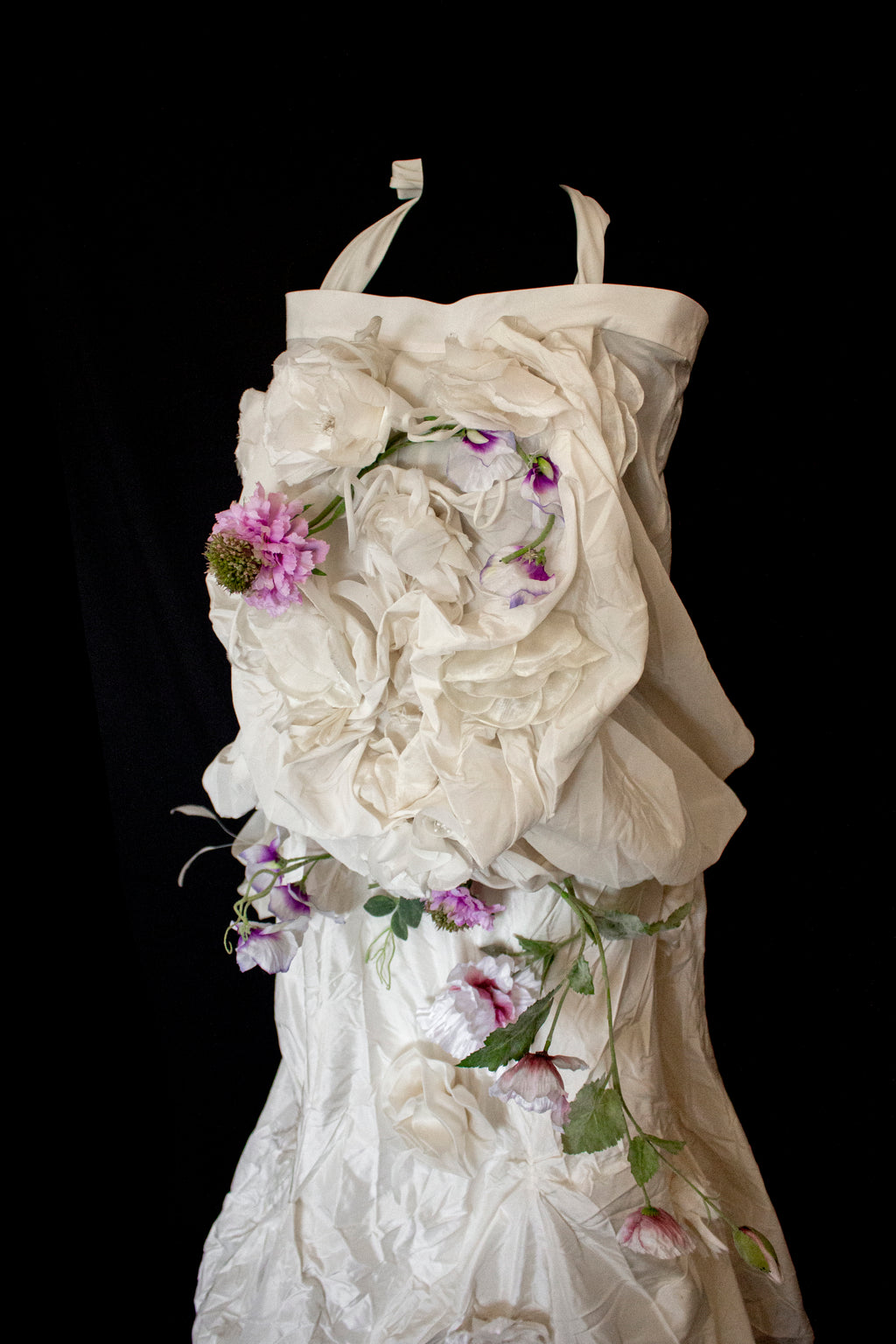 297- UNIQUE ROMANTIC VINTAGE SILK TAFFETA ENSEMBLE: BALLOON TOP & 3D MULTICOLOR FLORAL SKIRT - Vague atelier