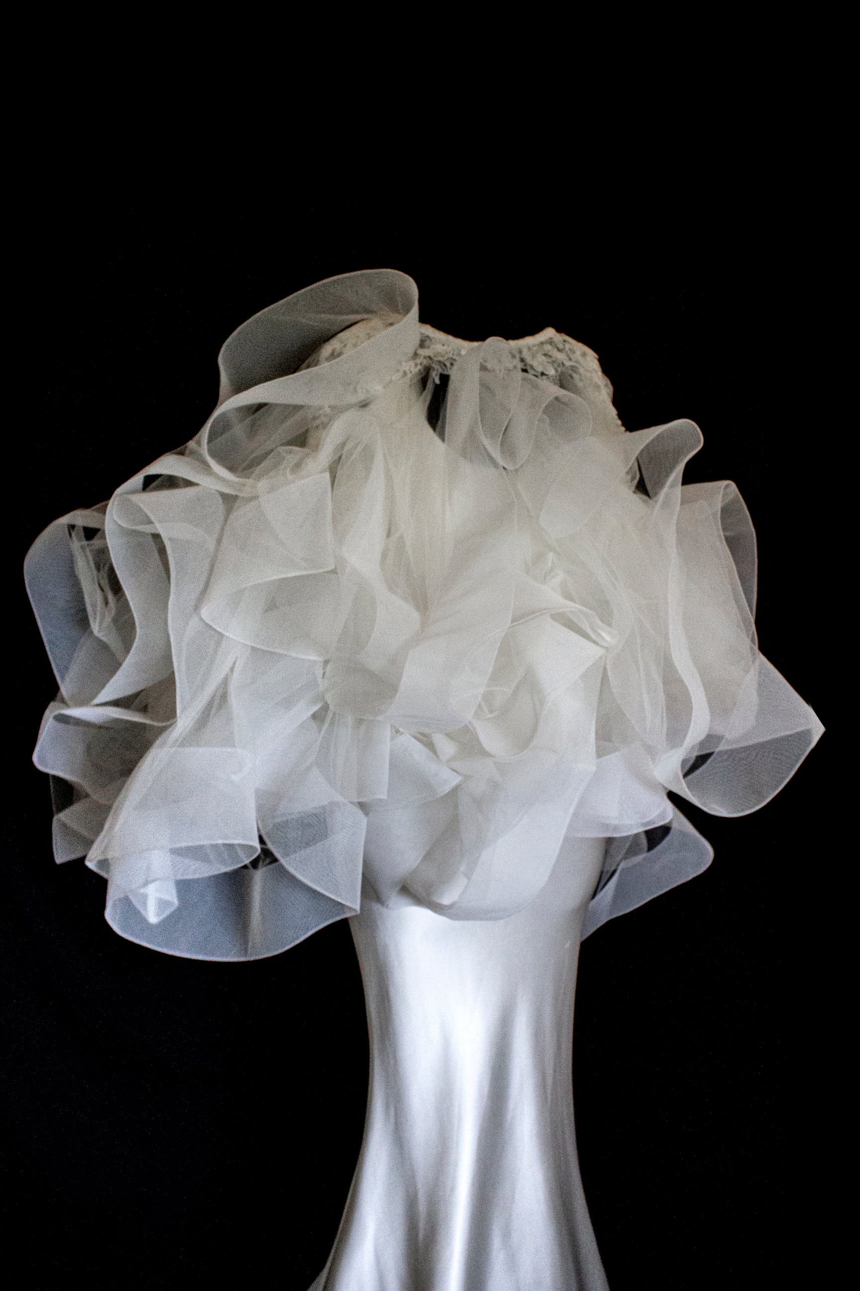 360 - VINTAGE SLIP STYLE WEDDING DRESS: CREAM FLUID SATIN GOWN WITH EMBROIDERED TULLE CAPE