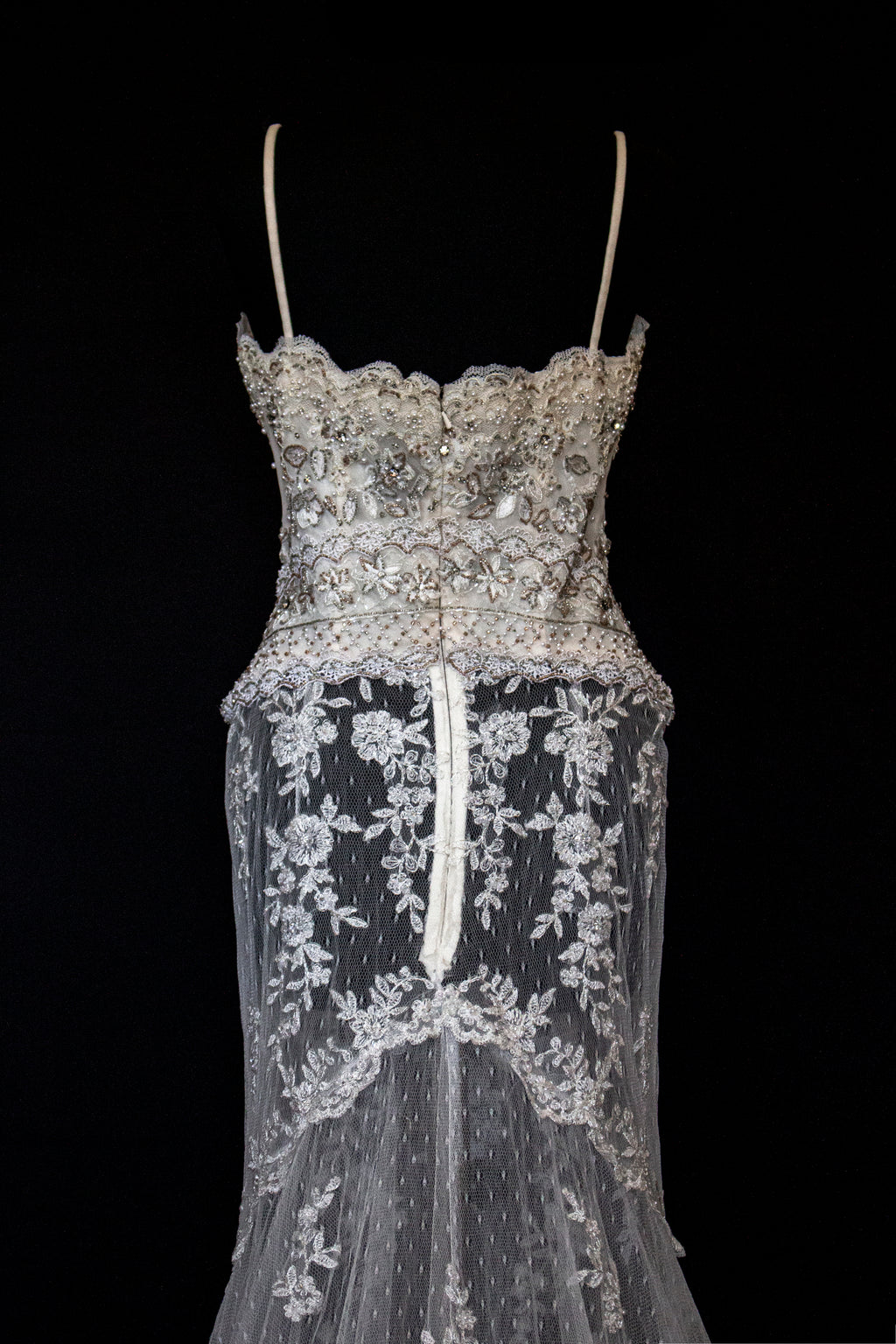 239 - VINTAGE OFF-WHITE MERMAID SWAROVSKI WEDDING DRESS: GOWN WITH NUDE POLKA DOT TULLE & SILVER FLORAL EMBROIDERY