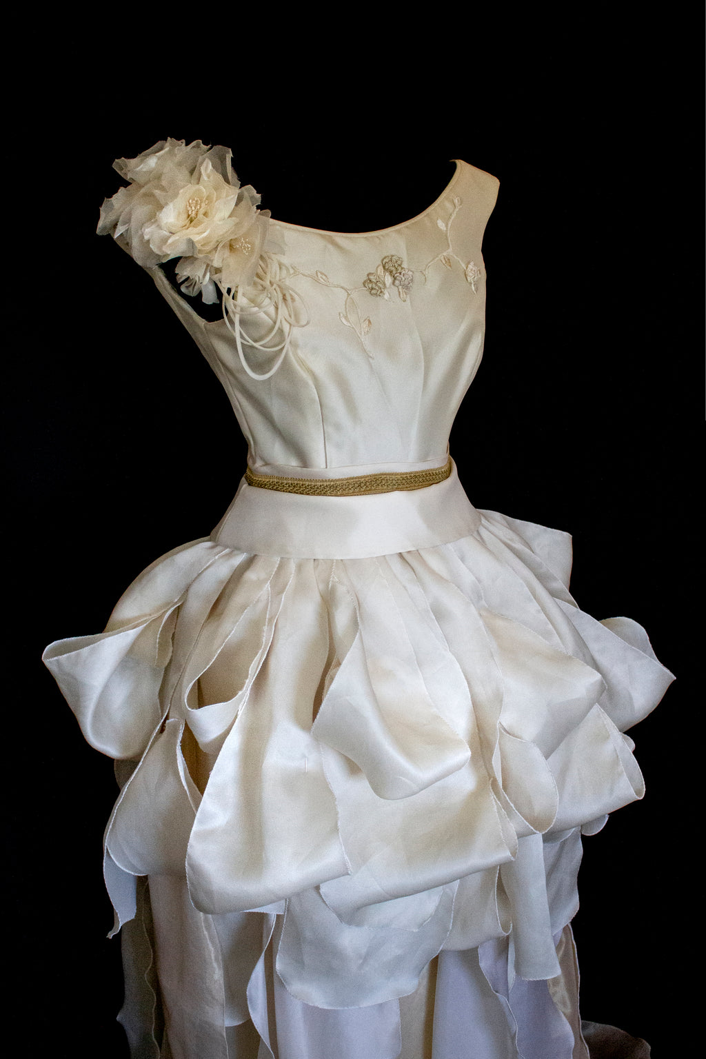 357 - VINTAGE 90s UPCYCLED SILK ORGANZA WEDDING DRESS: EMBROIDERED GOWN WITH HANDMADE FRINGE