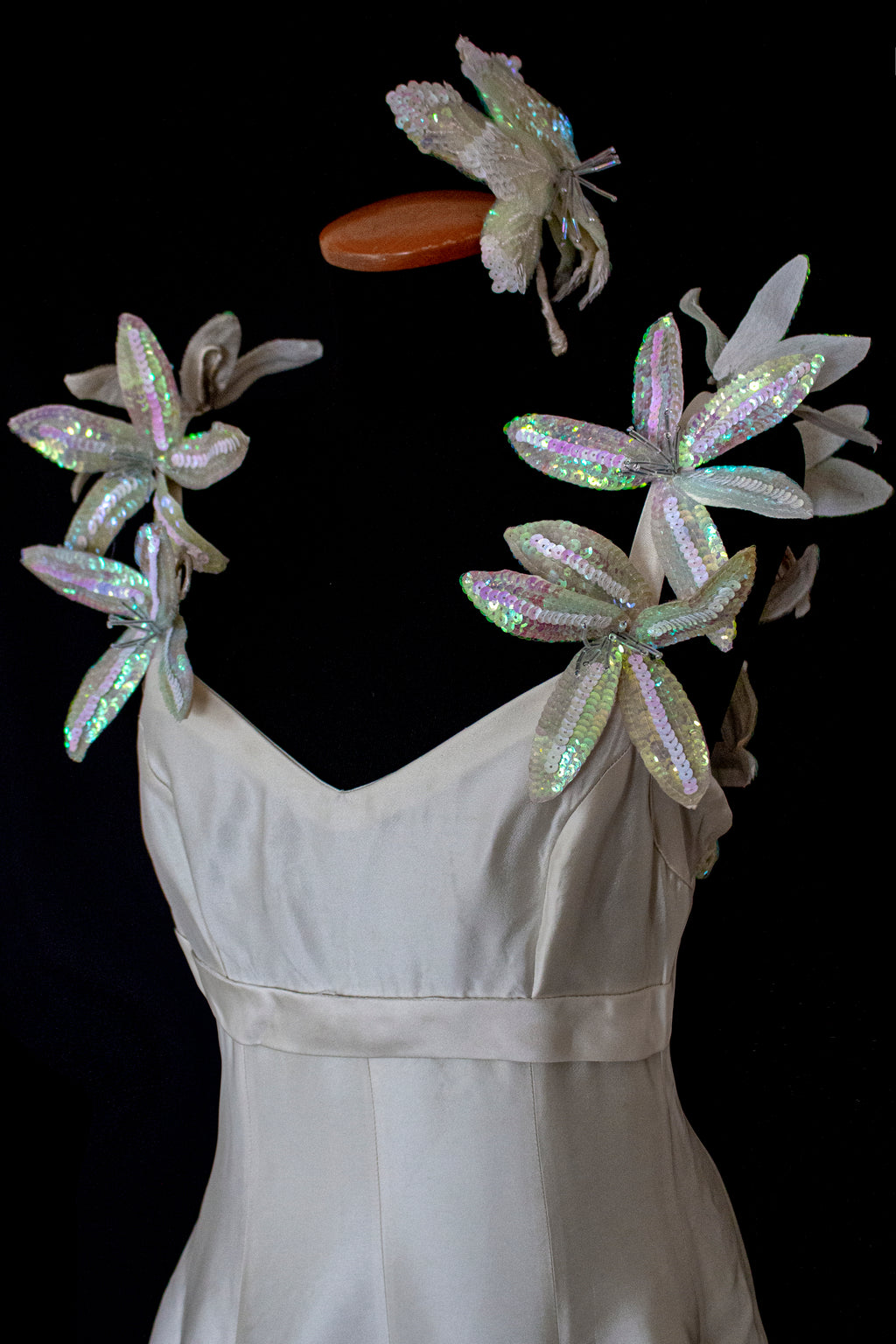 262 - RARE VINTAGE CHAMPAGNE BRIDAL GOWN: SILK MIKADO WITH AUTHENTIC 80S SEQUIN MAXI FLOWERS