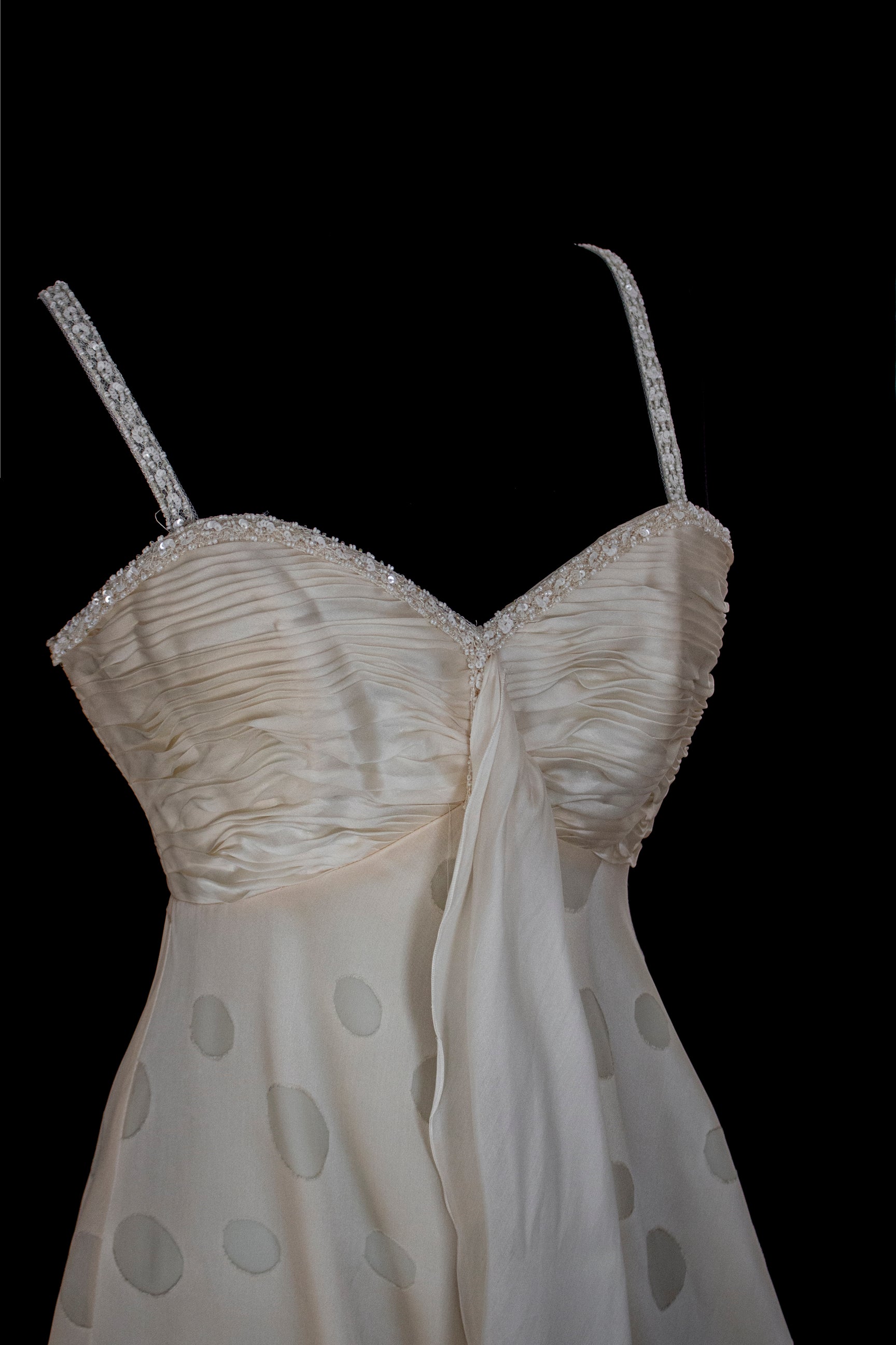 338 - IVORY CHAMPAGNE SILK ORGANZA WEDDING DRESS: POLKA / POIS DOT EMPIRE GOWN WITH BEADED STRAPS & FULL CIRCLE TRAIN - Vague atelier