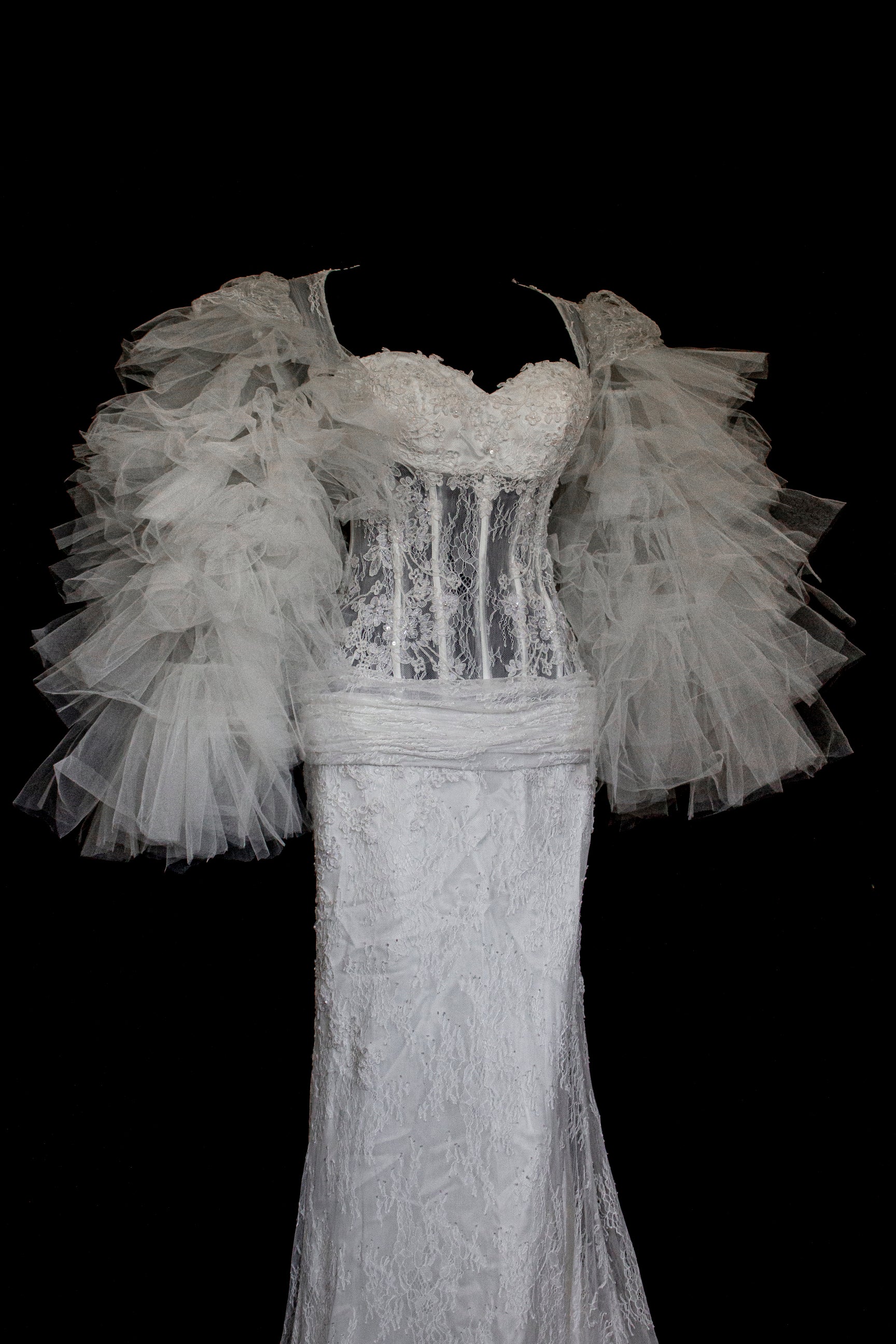 281 - SENSUAL BACKLESS BRIDAL GOWN: NUDE EFFECT EMBROIDERY & VAPOROUS TULLE RUFFLE SLEEVES