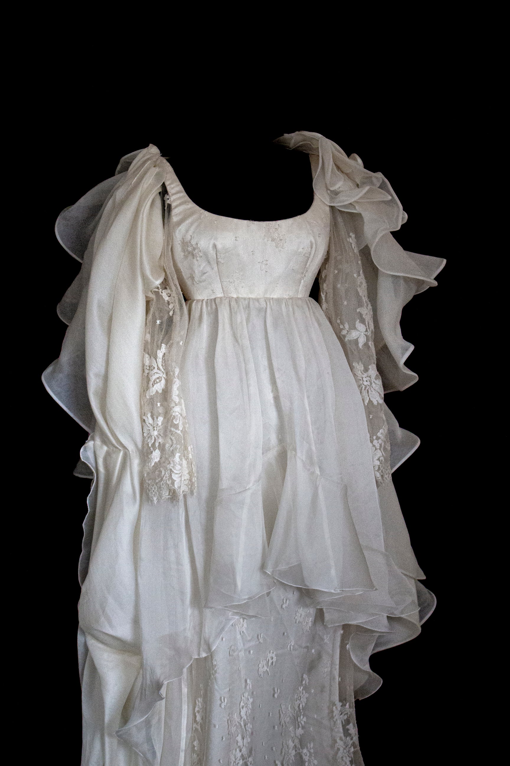 340 - OFF-WHITE SILK ORGANZA & ECRU LACE UPCYCLED WEDDING DRESS: UNIQUE EMPIRE GOWN WITH PLEATED WINGS