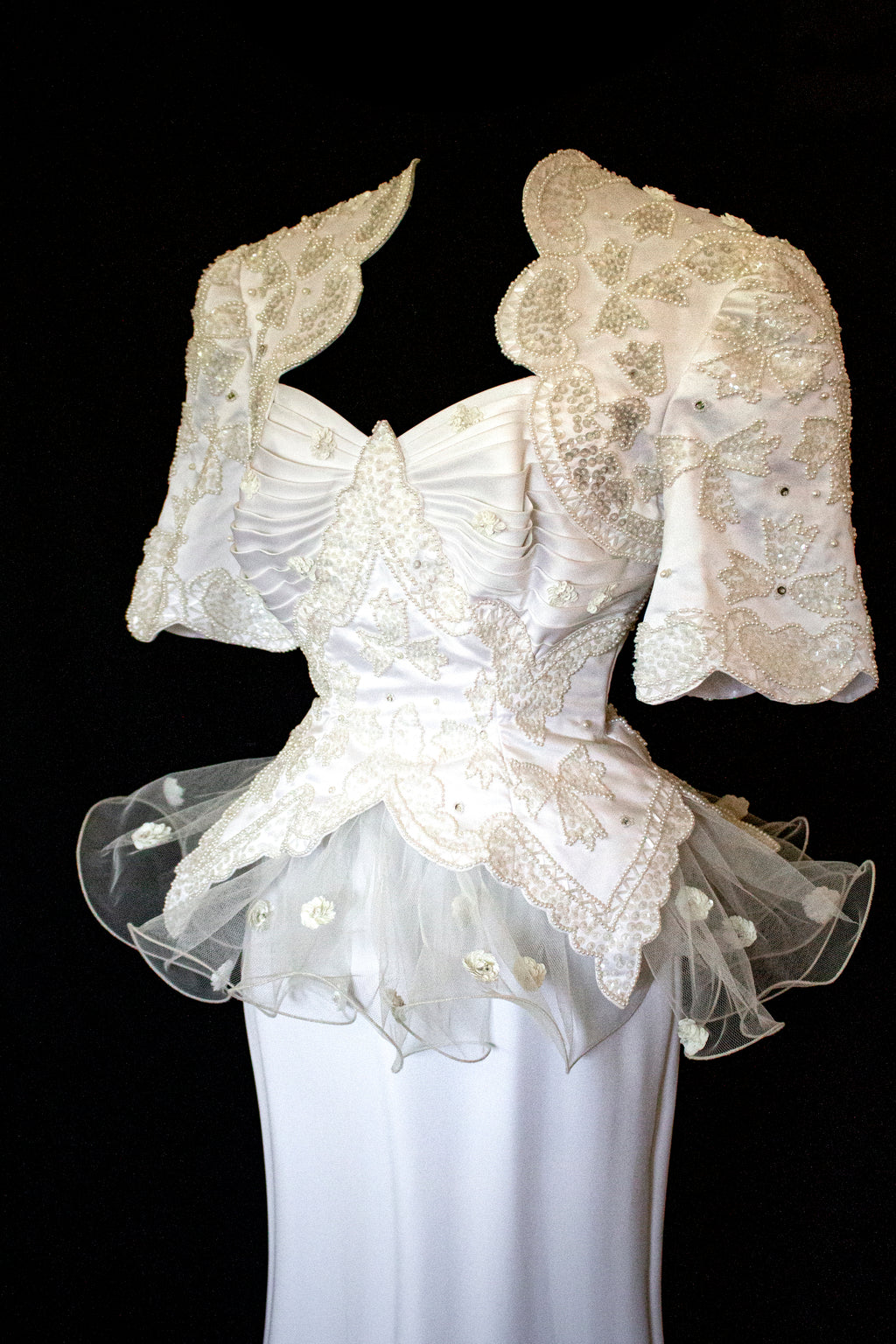 Vintage 80s Sheath Wedding Dress | Hand Embroidered Bridal Gown with Slit - 366