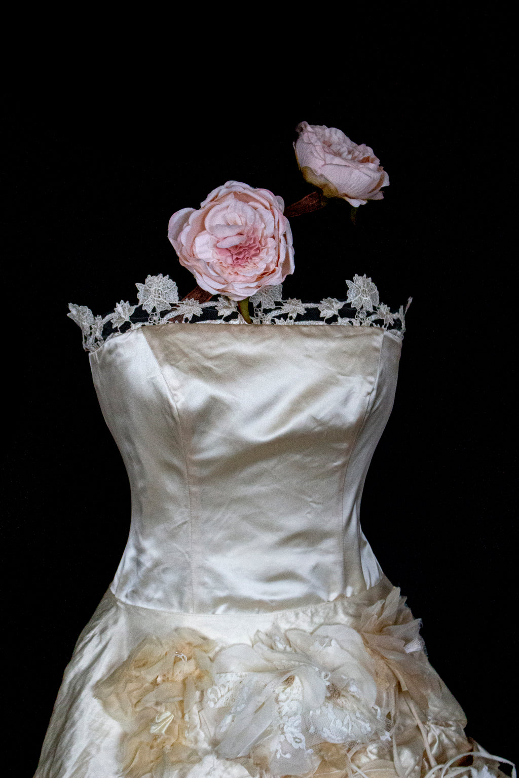 348 - UNIQUE UPCYCLED SILK MERMAID WEDDING DRESS: 90S CREAM TAFFETA GOWN WITH PINK PEONIES, EMBOSSED FLORAL DETAILS & BOHO ROMANTIC STYLE