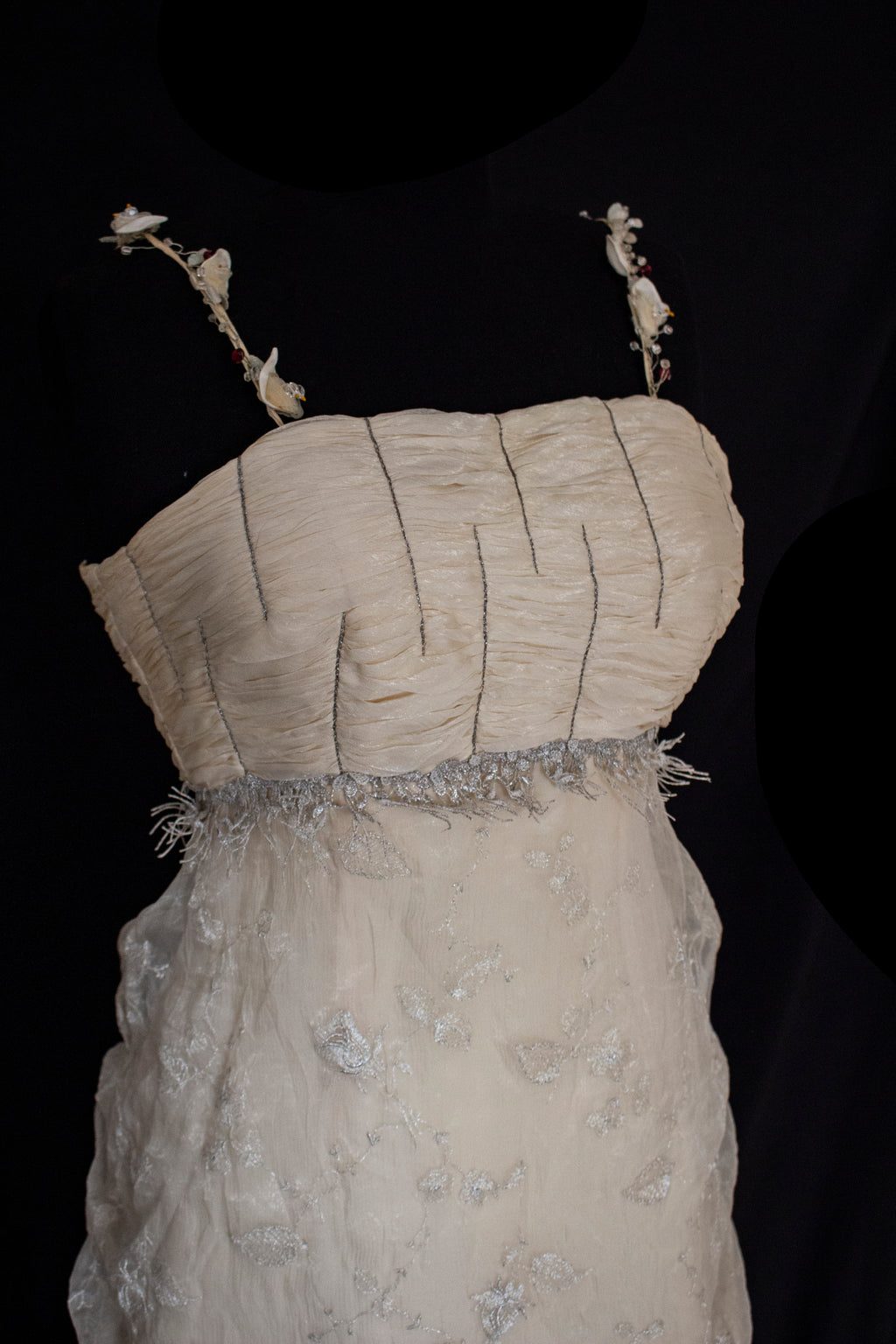 336 - DARK BEIGE SILK EMPIRE WEDDING DRESS: VINTAGE 90s GOWN WITH ROARING 20s DETAILS & SILVER EMBROIDERY - Vague atelier