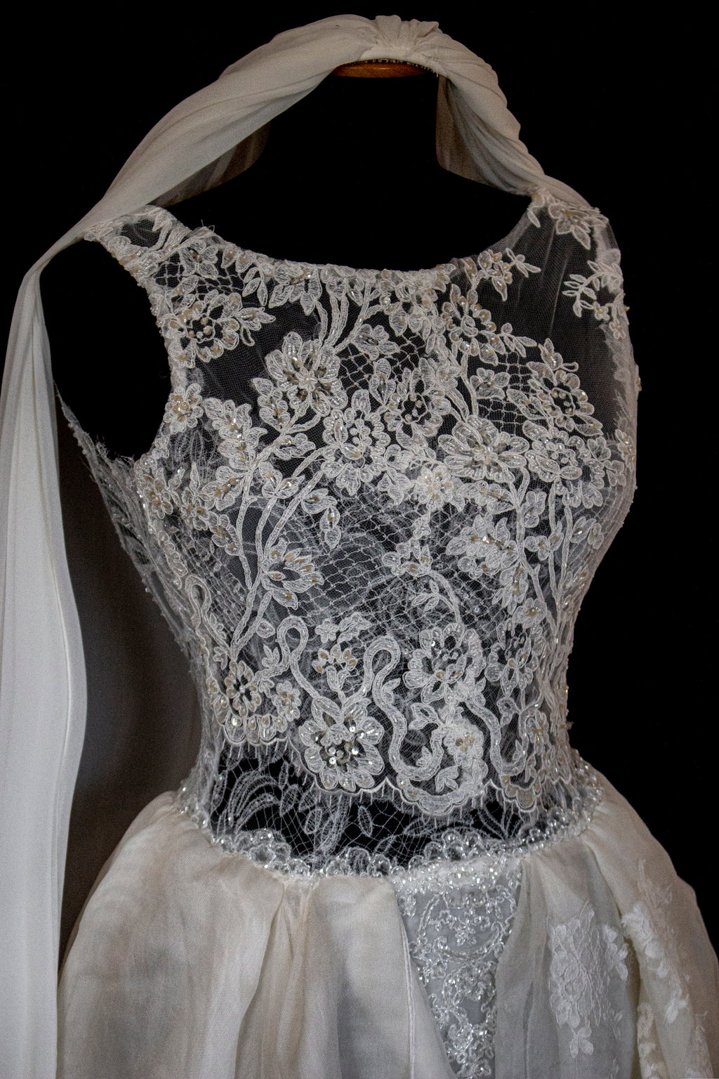331 - ONE OF A KIND UPCYCLED VINTAGE BRIDAL GOWN: ASYMMETRIC LAYERED SILK CLOUD SKIRT & EMBROIDERED LACE - Vague atelier