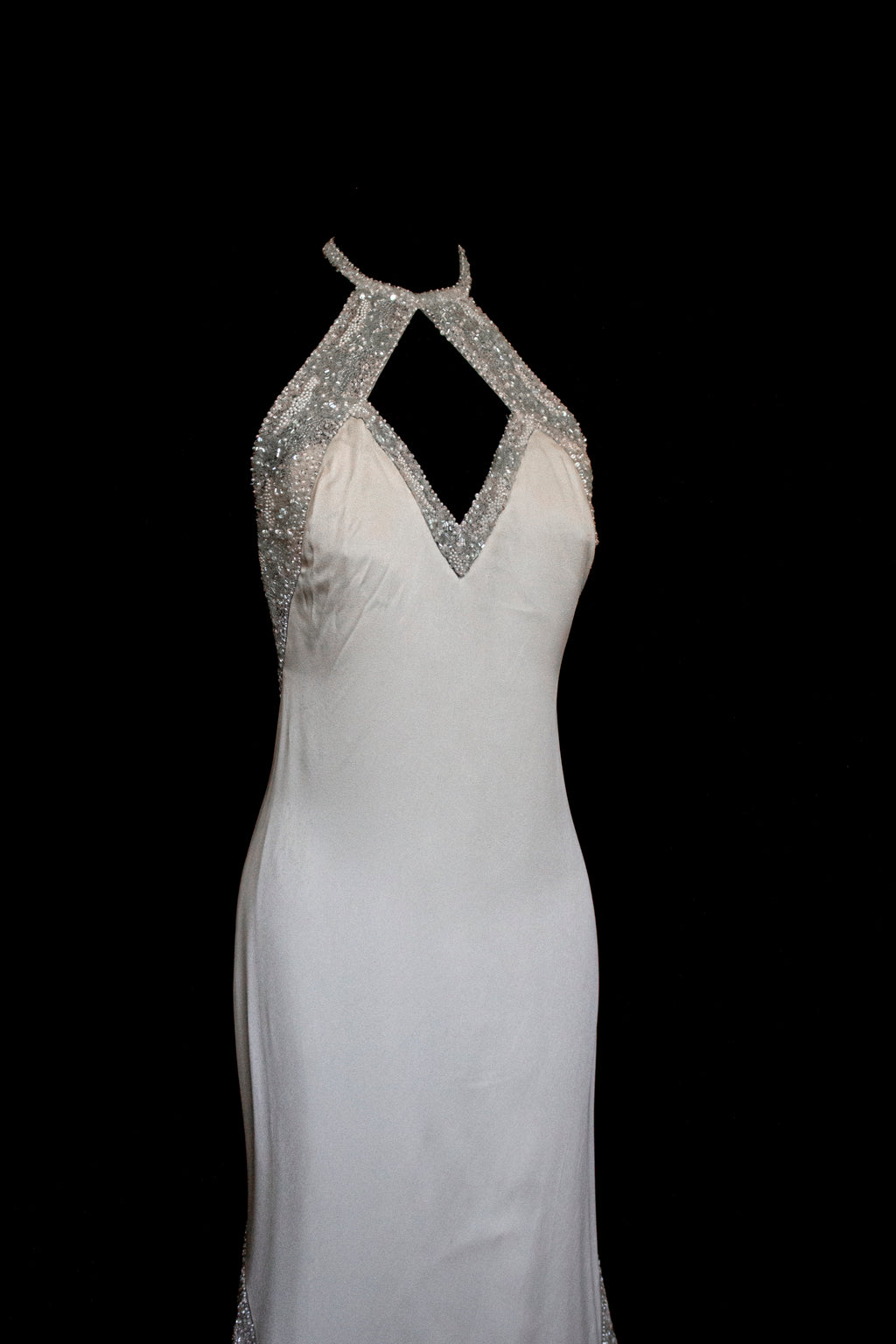291 - OLD HOLLYWOOD VINTAGE MERMAID BRIDAL GOWN: BACKLESS SILK SATIN & ART DECO SILVER BEADING