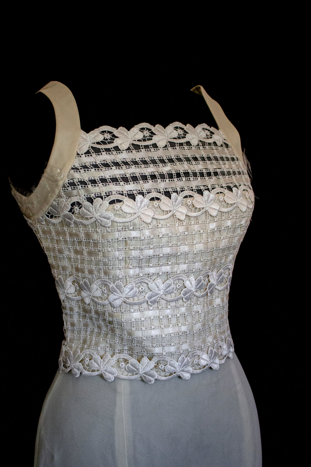 364 - VINTAGE 90s UPCYCLED TULLE AND MACRAME WEDDING DRESS: 2-PIECE ROMANTIC GOWN WITH FLOREAL LACE