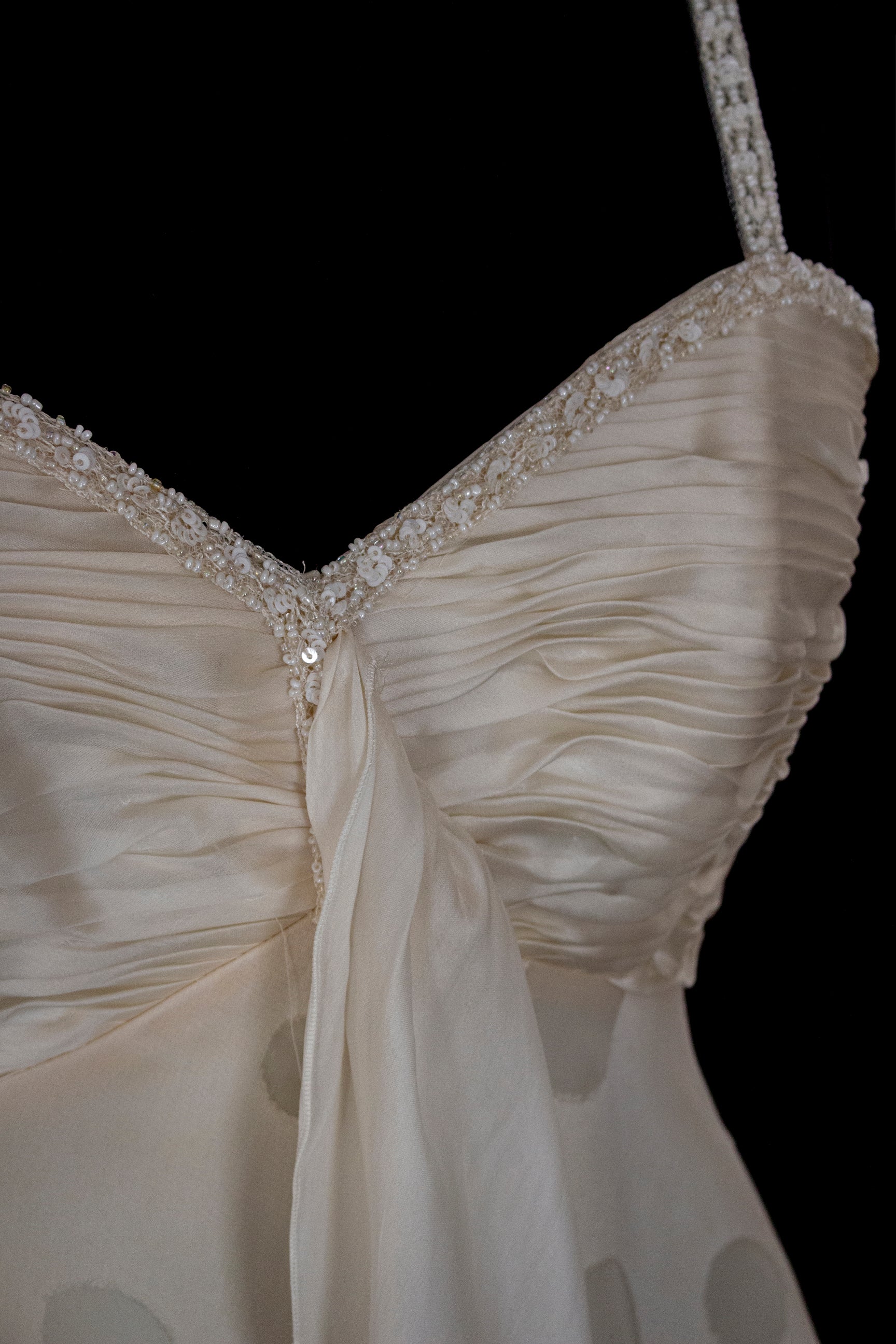 338 - IVORY CHAMPAGNE SILK ORGANZA WEDDING DRESS: POLKA / POIS DOT EMPIRE GOWN WITH BEADED STRAPS & FULL CIRCLE TRAIN - Vague atelier