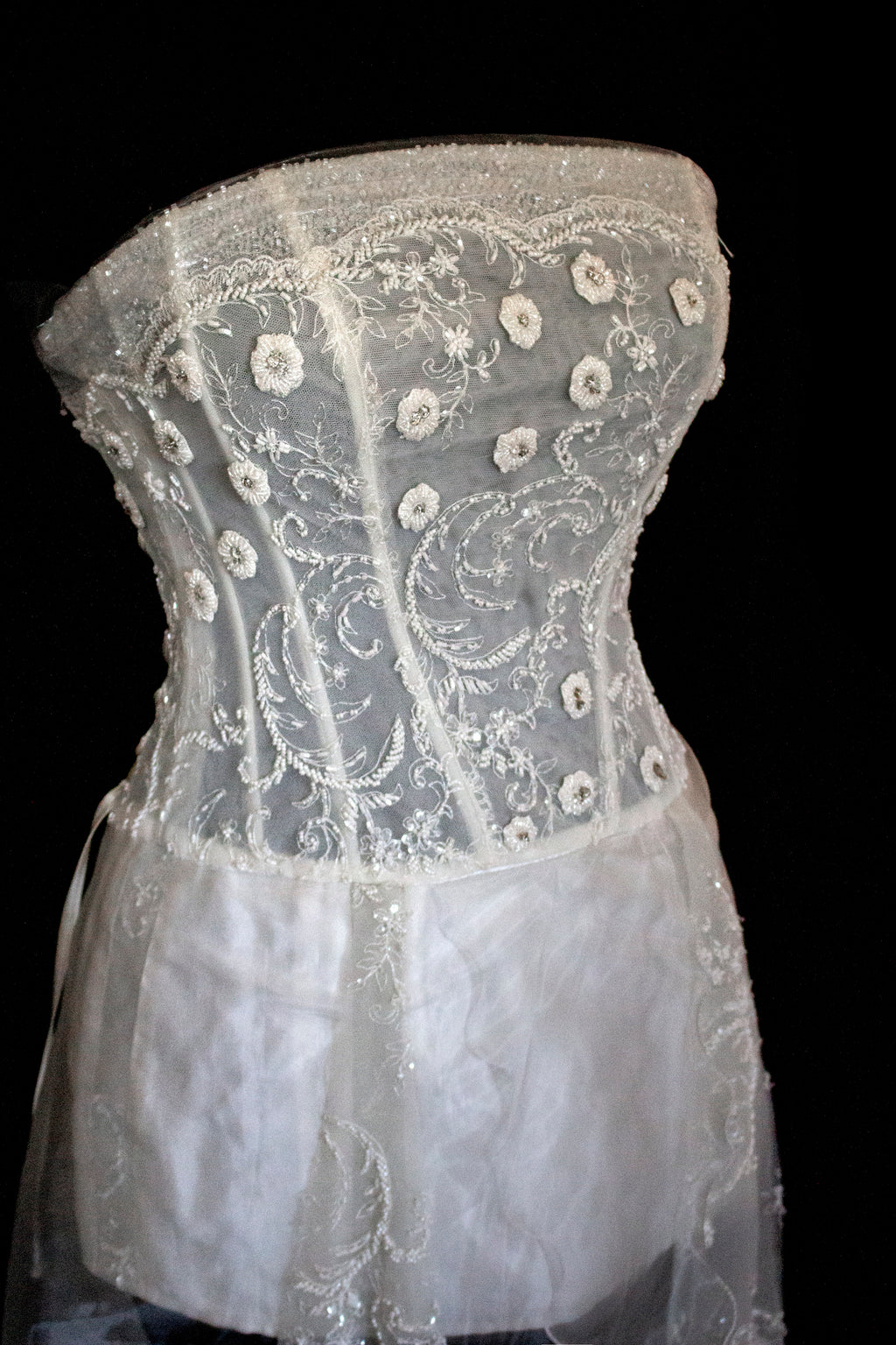 365 - VINTAGE 90s UPCYCLED EMBROIDERED WEDDING DRESS: STRAPLESS WRAP GOWN WITH IRIDESCENT DRAMA CAPE