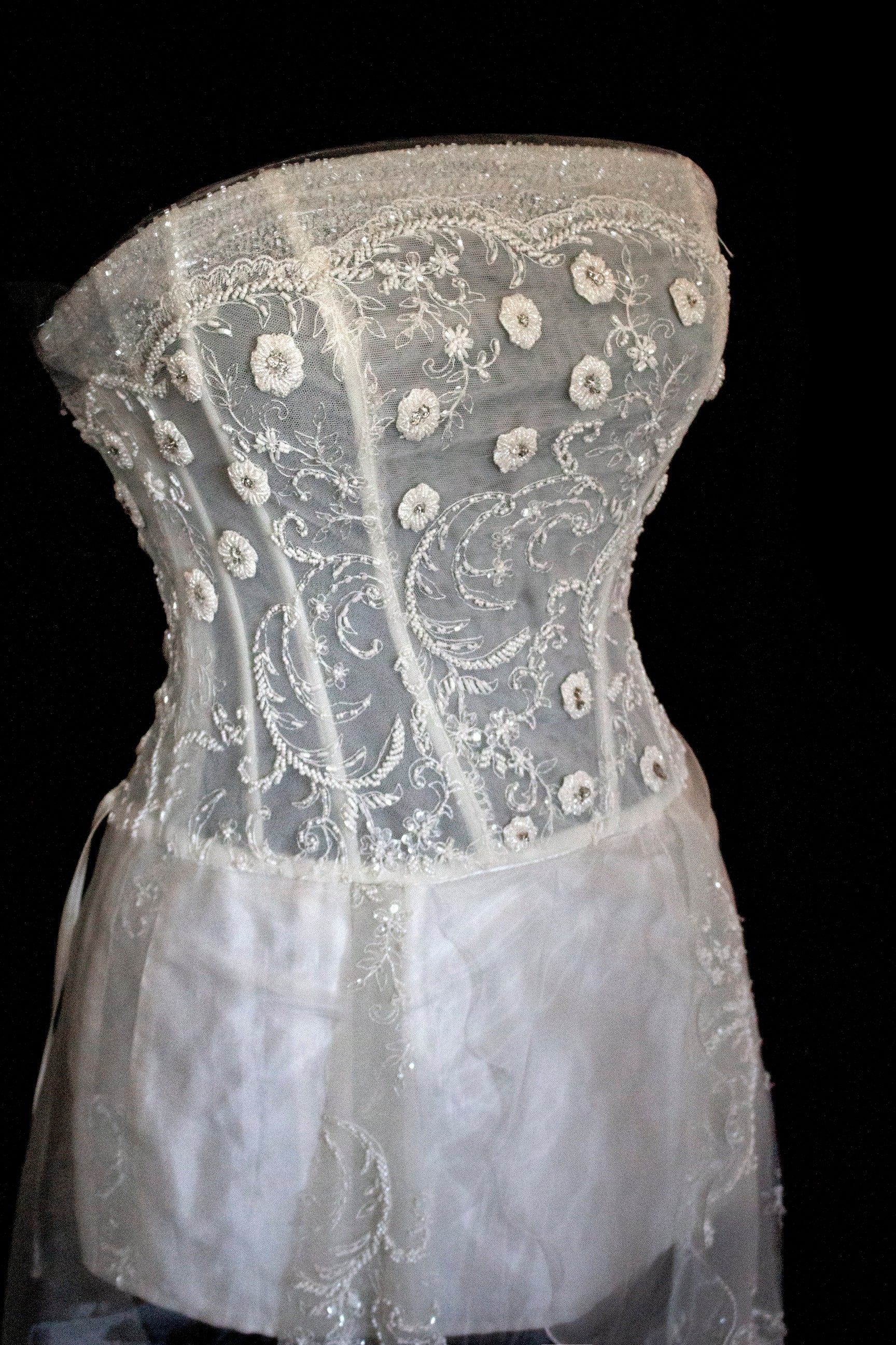 365 - VINTAGE 90s UPCYCLED EMBROIDERED WEDDING DRESS: STRAPLESS WRAP GOWN WITH IRIDESCENT DRAMA CAPE