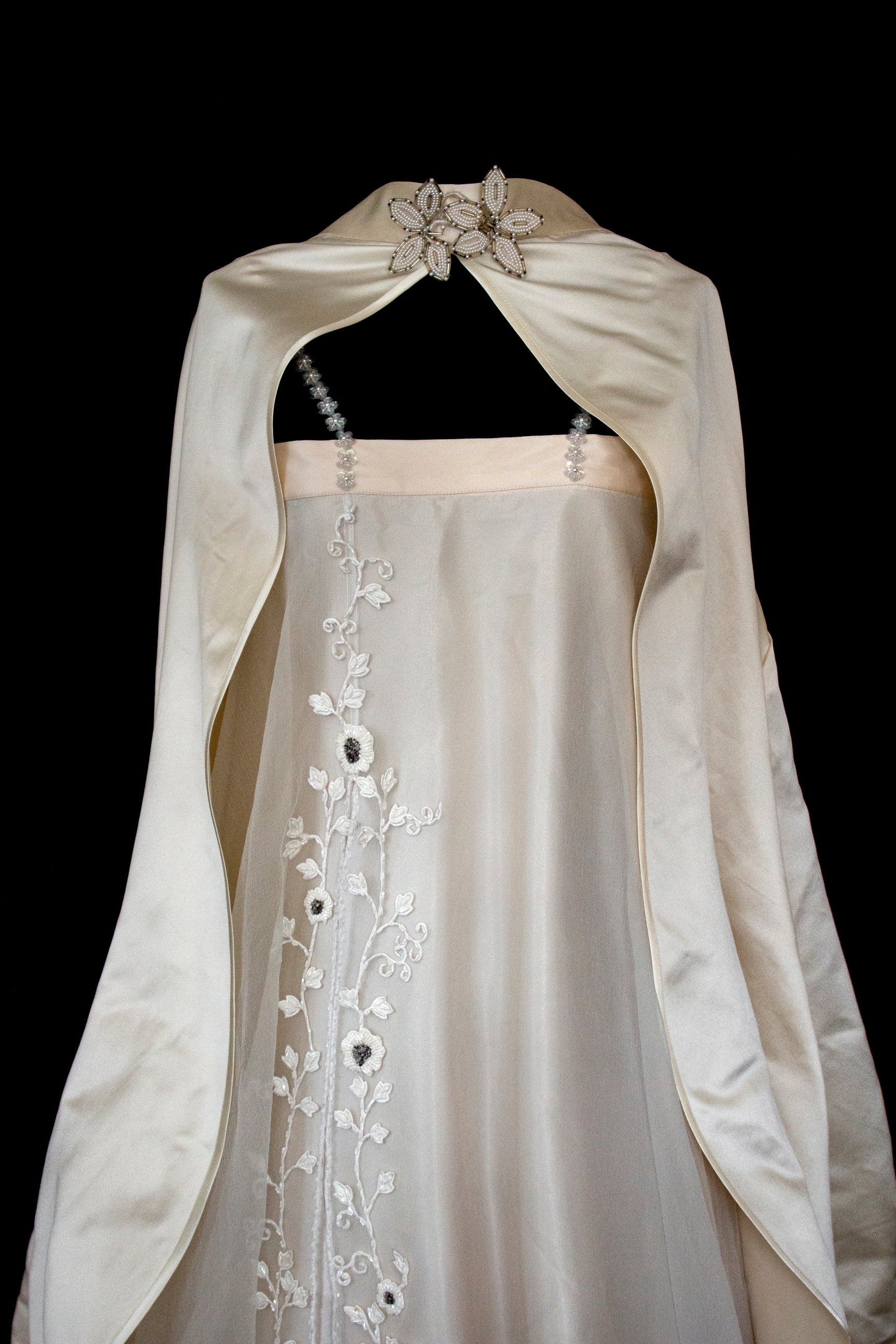 347 - UNIQUE UPCYCLED SILK SATIN WEDDING DRESS: POWDER PINK SLIP GOWN & IVORY CAPE ENSEMBLE, SILVER FLORAL EMBROIDERY, BOHO LUXURY