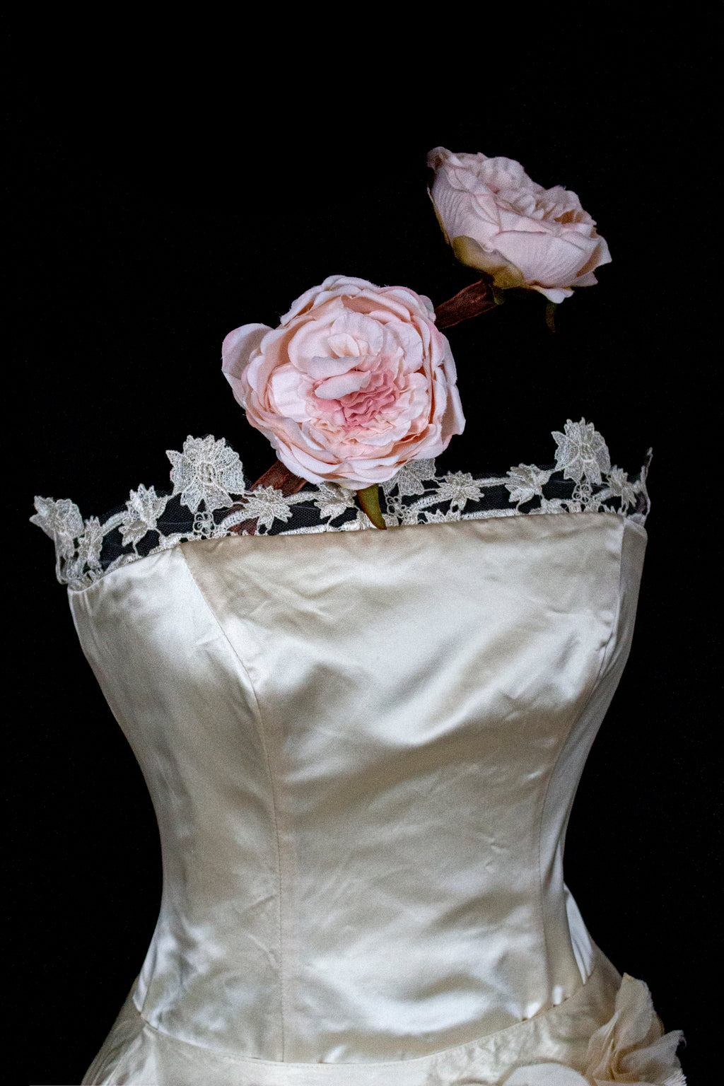 348 - UNIQUE UPCYCLED SILK MERMAID WEDDING DRESS: 90S CREAM TAFFETA GOWN WITH PINK PEONIES, EMBOSSED FLORAL DETAILS & BOHO ROMANTIC STYLE