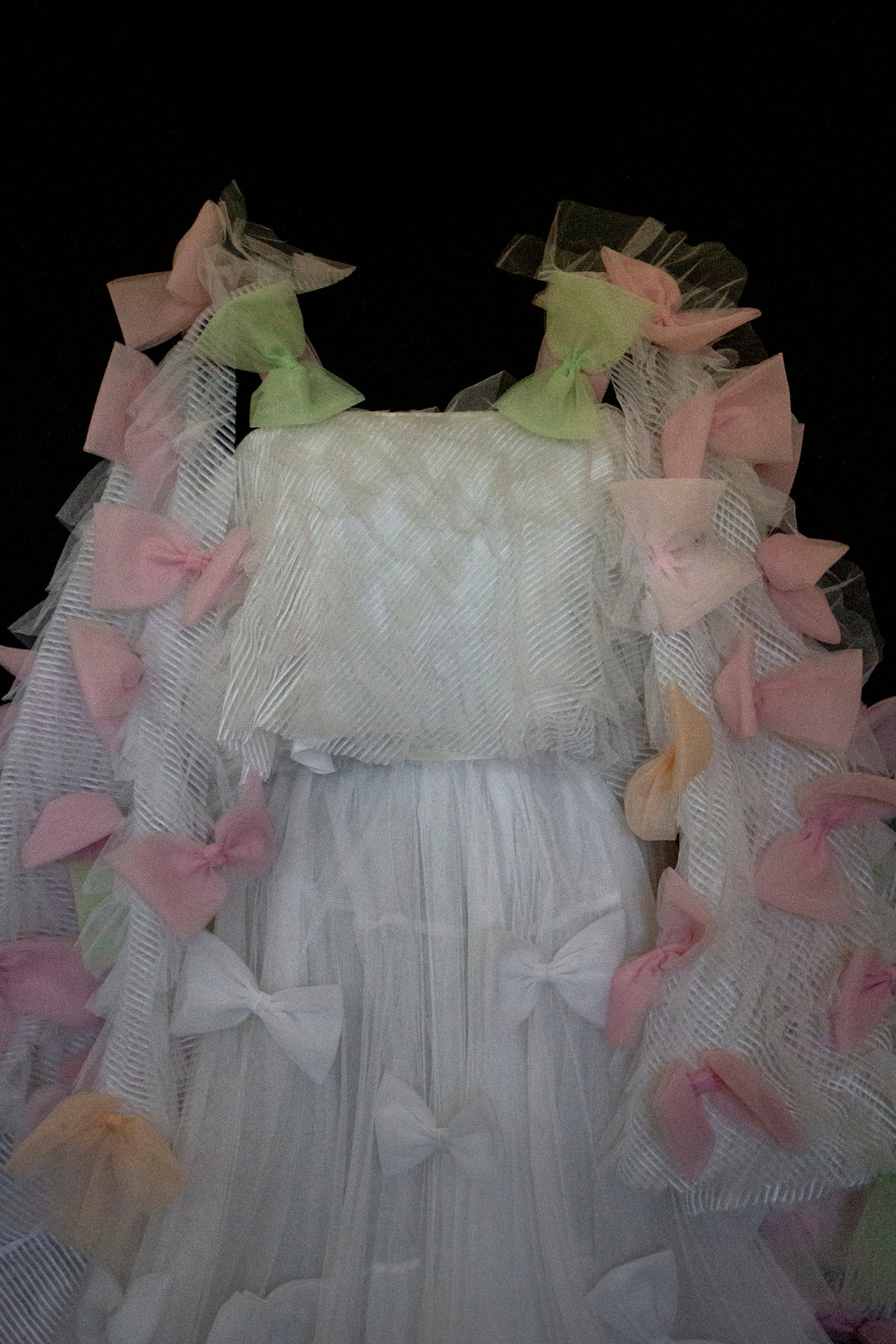 363 - VINTAGE 90s UPCYCLED TULLE 3-PIECE WEDDING DRESS: EMBROIDERED GOWN WITH HANDMADE BOWS AND CAPE