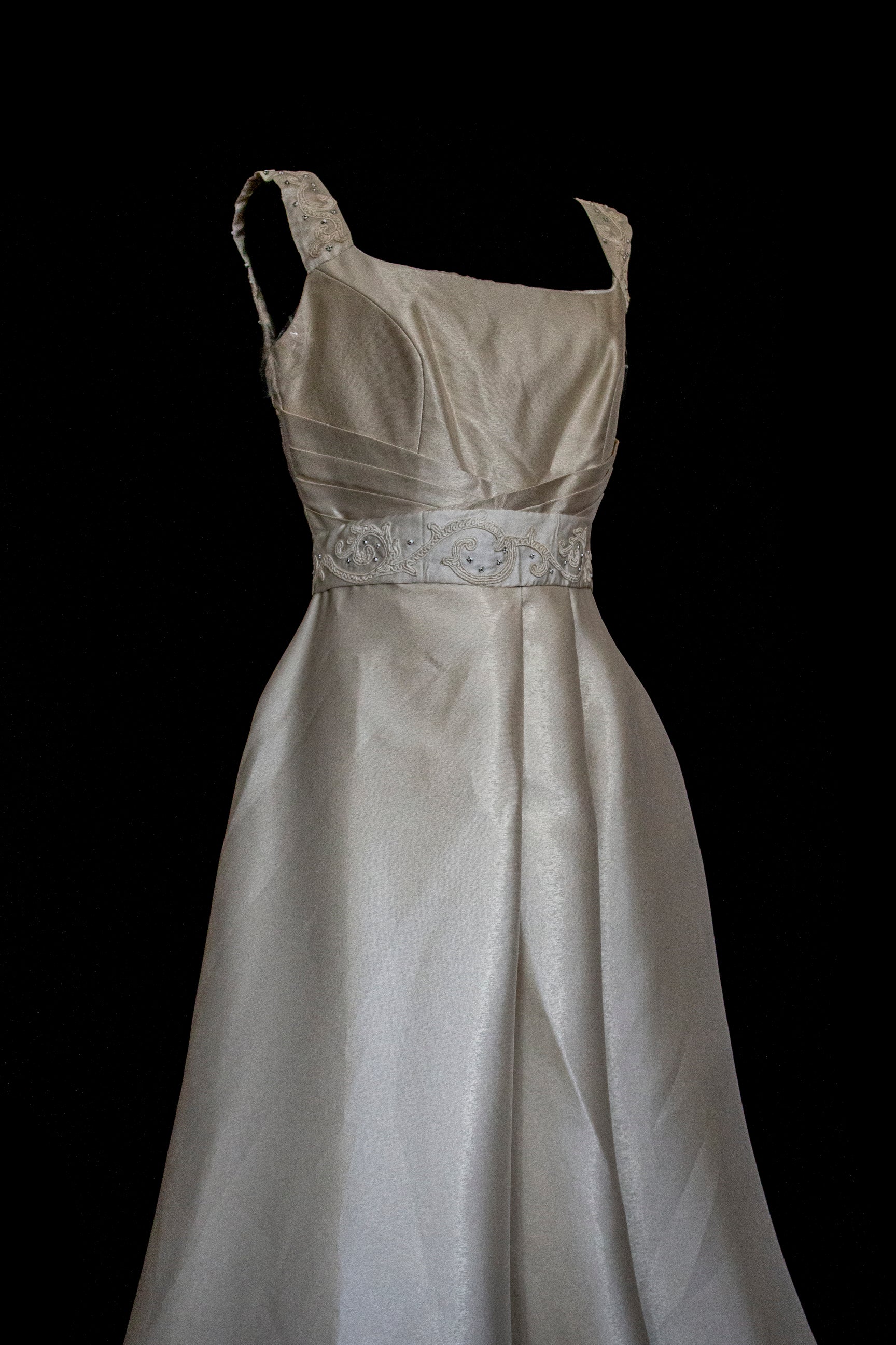 307 - REGAL BRONZE SILK MIKADO WEDDING DRESS: A-LINE GOWN WITH ANTIQUE 1960S EMBROIDERY
