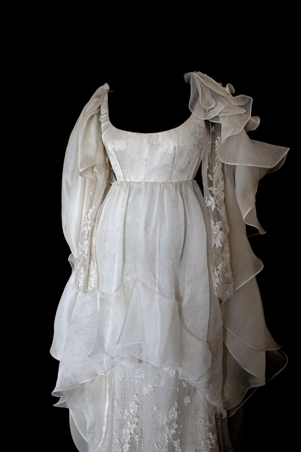 340 - OFF-WHITE SILK ORGANZA & ECRU LACE UPCYCLED WEDDING DRESS: UNIQUE EMPIRE GOWN WITH PLEATED WINGS