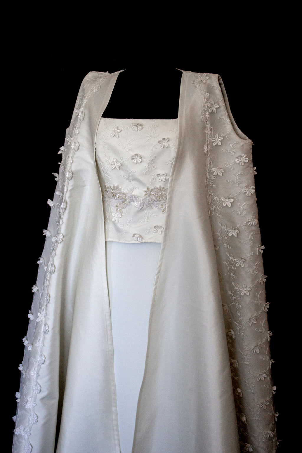 293 - UNIQUE UPCYCLED 3-PIECE BRIDAL SET: 3D FLORAL TOP, MIKADO SKIRT & BRIDAL VEST