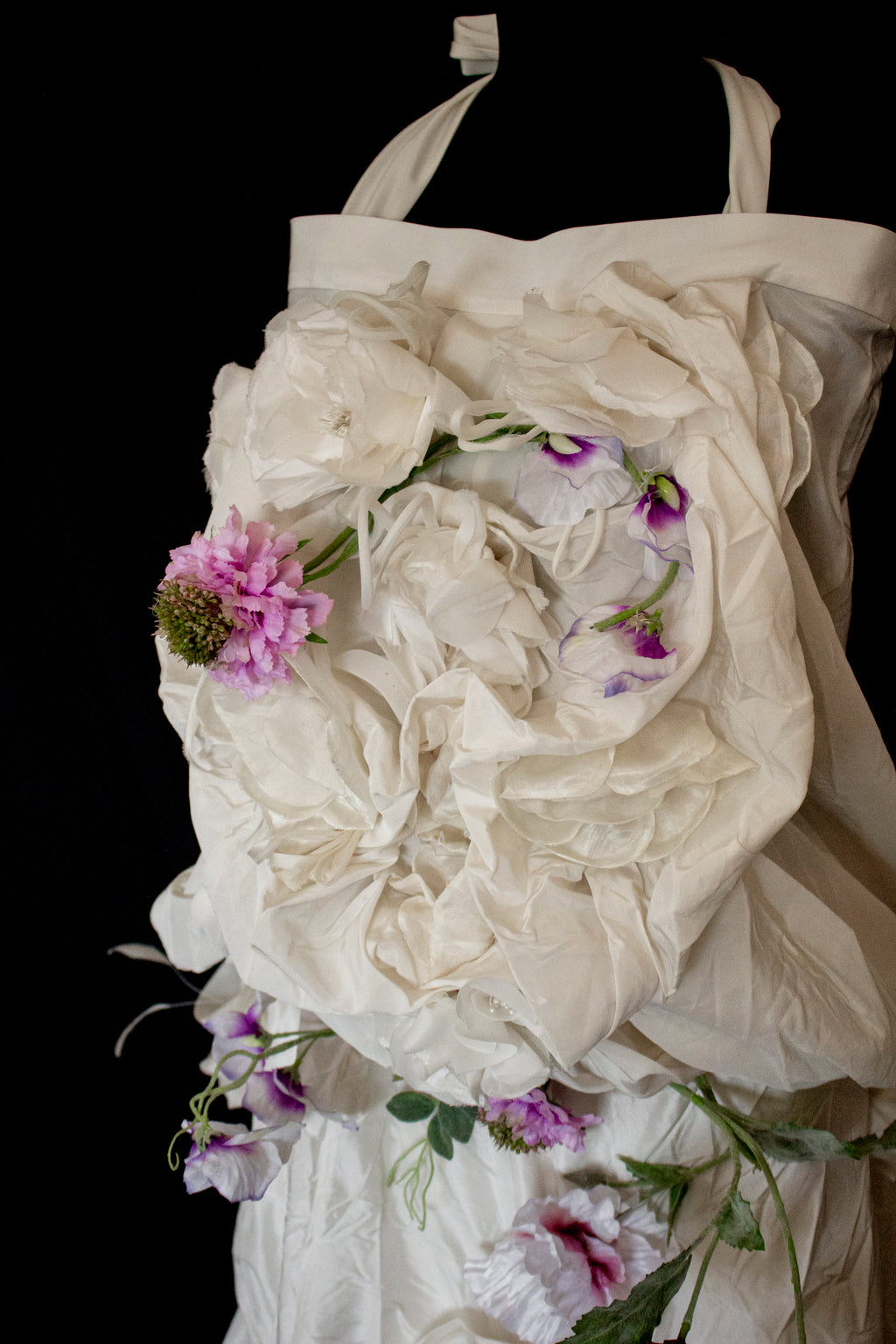 297- UNIQUE ROMANTIC VINTAGE SILK TAFFETA ENSEMBLE: BALLOON TOP & 3D MULTICOLOR FLORAL SKIRT - Vague atelier