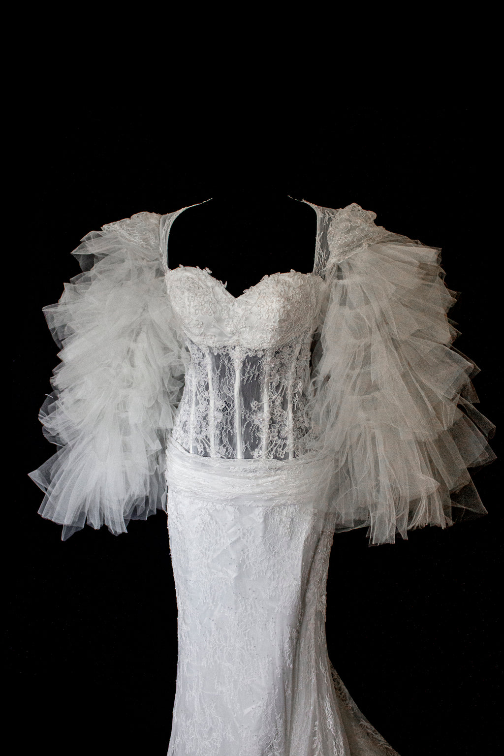 281 - SENSUAL BACKLESS BRIDAL GOWN: NUDE EFFECT EMBROIDERY & VAPOROUS TULLE RUFFLE SLEEVES