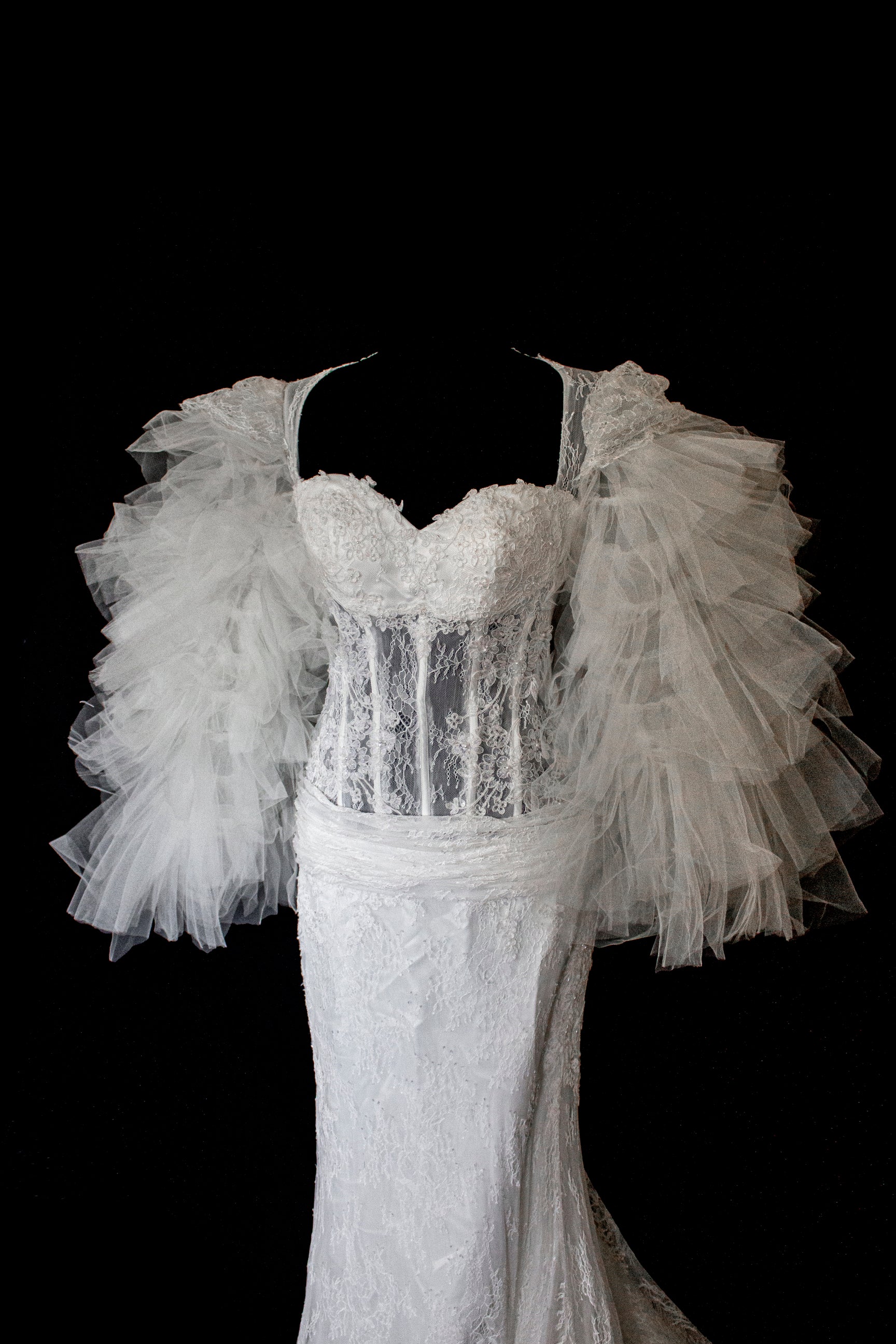 281 - SENSUAL BACKLESS BRIDAL GOWN: NUDE EFFECT EMBROIDERY & VAPOROUS TULLE RUFFLE SLEEVES